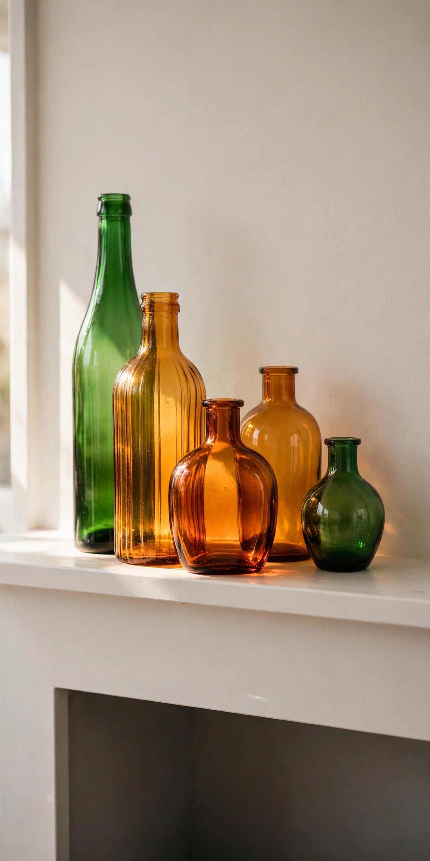 Amber and green glass bottles glowing in window light on a mantel