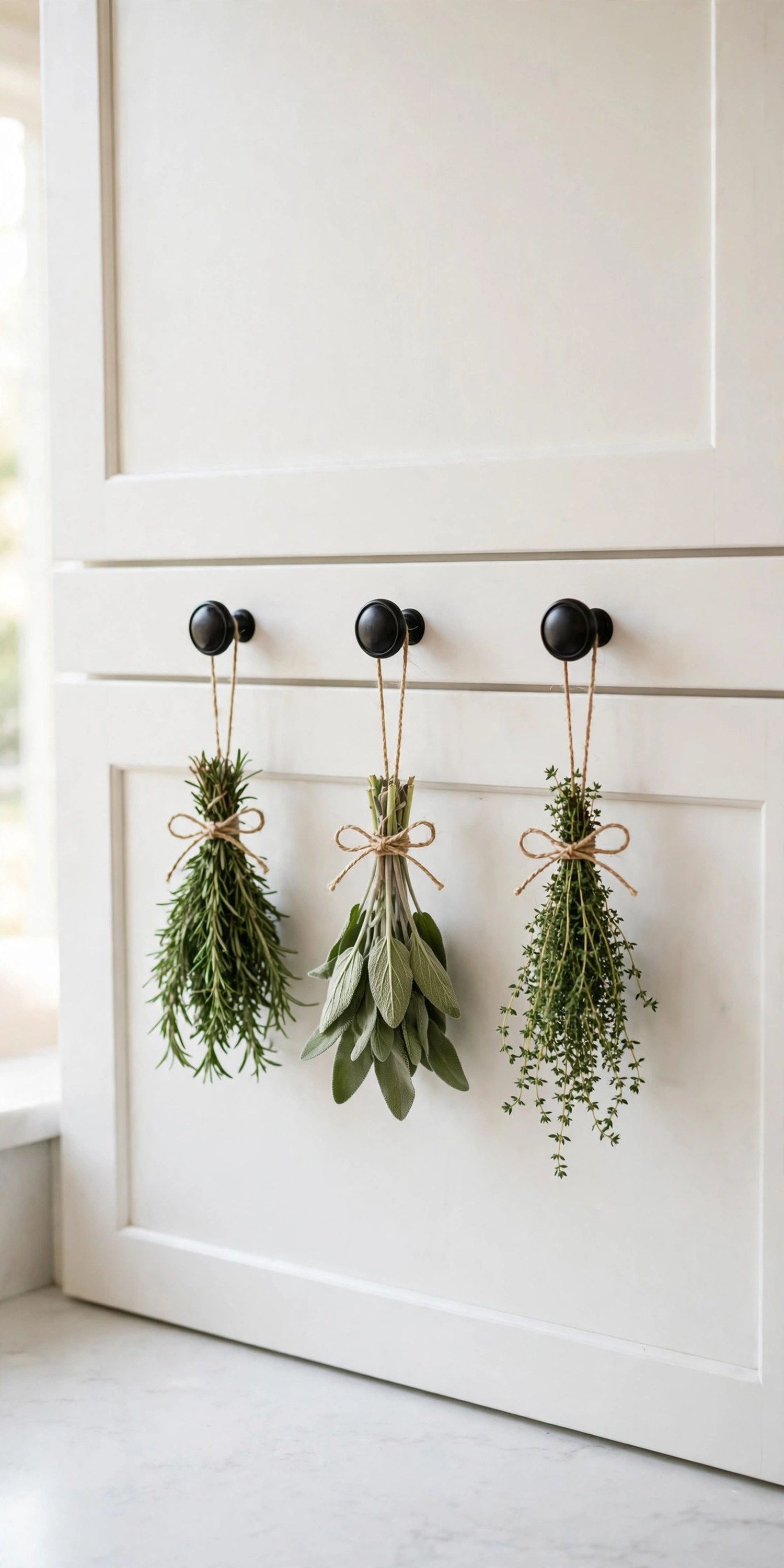 Bundles of rosemary, sage, and thyme tied with twine on kitchen cabinet knobs