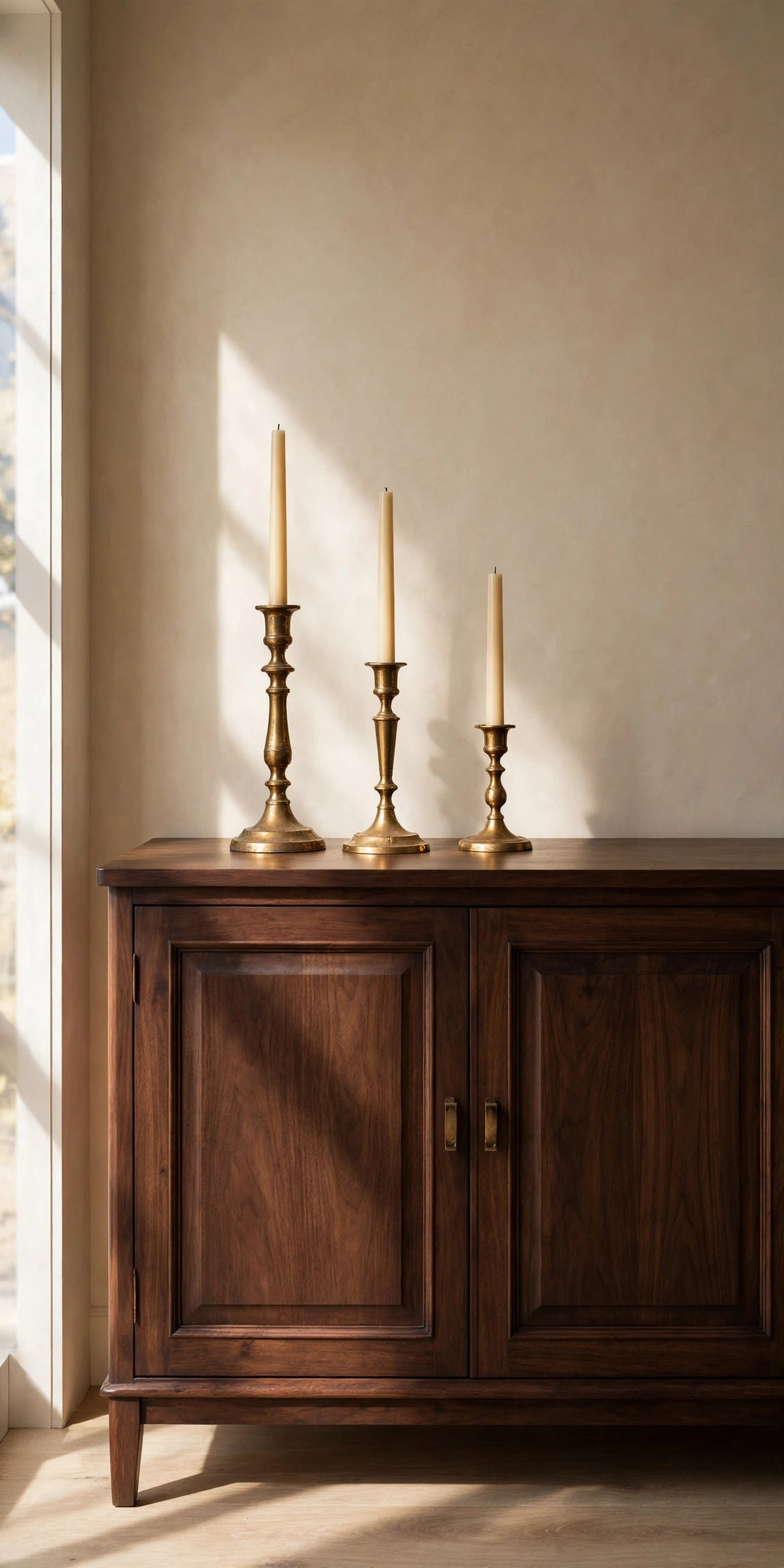 Three mismatched brass candlesticks with cream tapers on a walnut sideboard