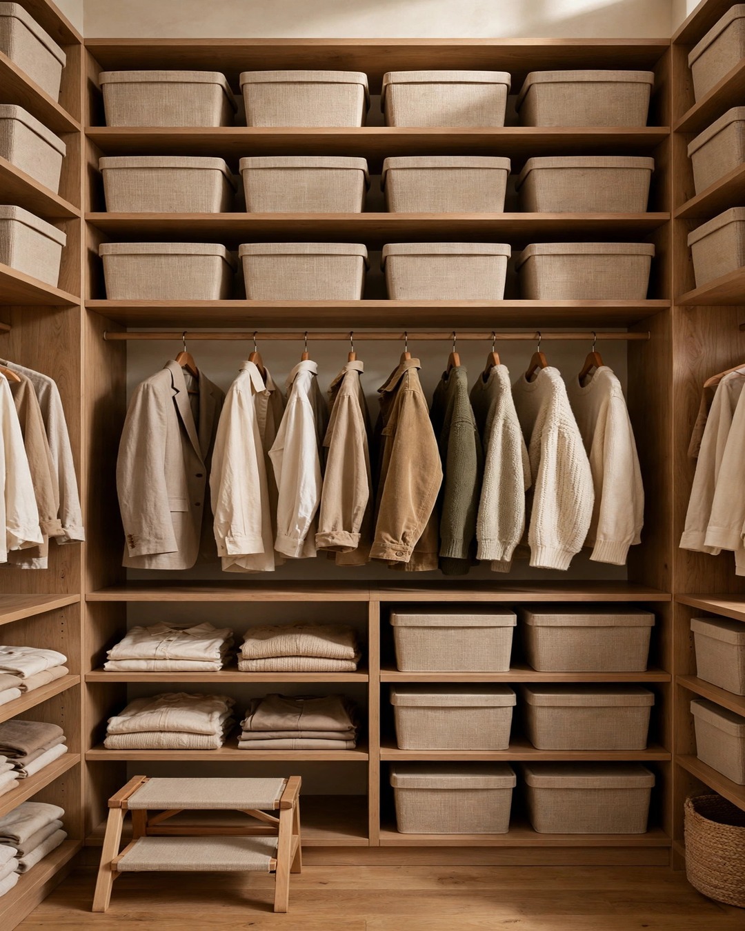 Floor-to-ceiling closet shelving with matching lidded bins on high shelves and a step stool