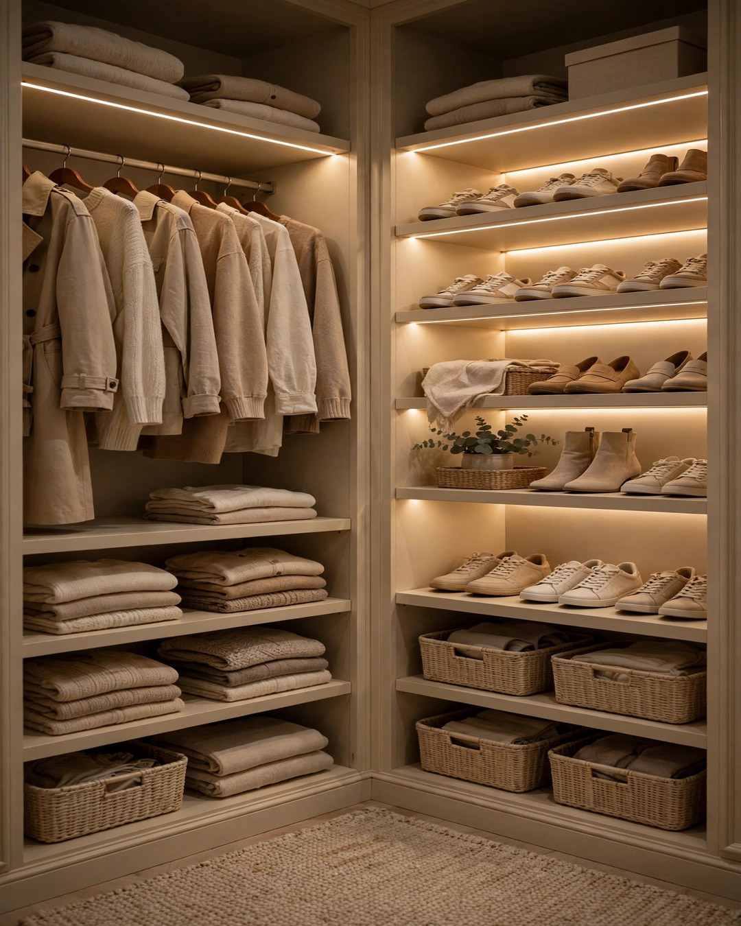 Walk in closet organization ideas: Walk-in closet glowing with warm LED strip lighting under shelves over organized clothes and shoes