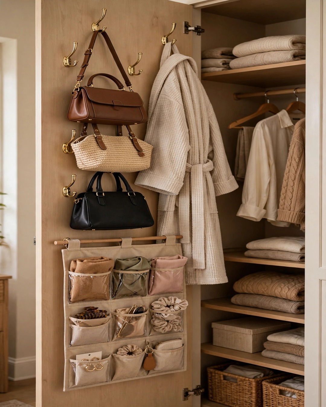 Inside of a closet door with hooks holding bags and a hanging pocket organizer for accessories