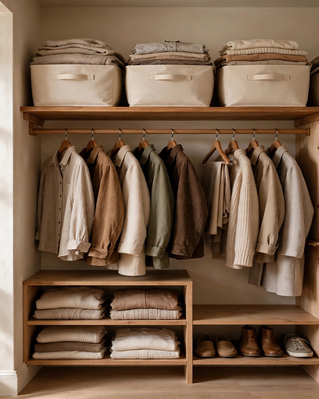 High closet shelf with matching canvas bins storing folded off-season clothes