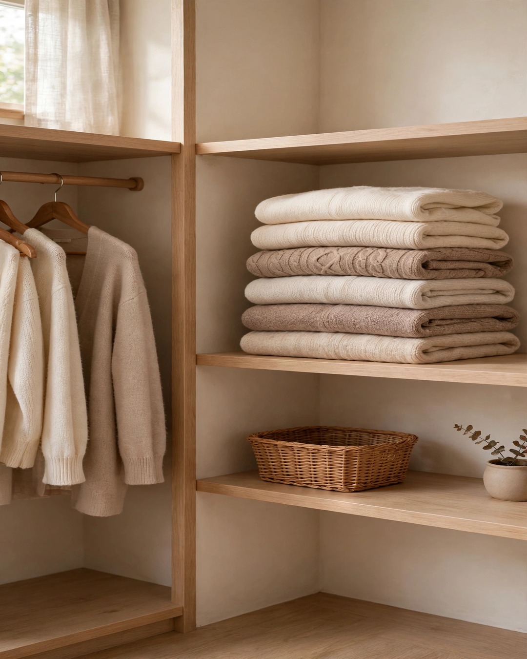 Walk in closet organization ideas: Tidy organized closet corner with catch-all basket and neatly folded knitwear stack