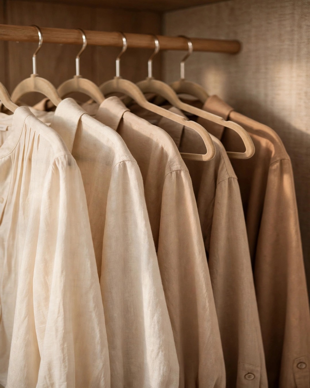 Row of matching slim beige hangers holding neutral blouses arranged in a color gradient