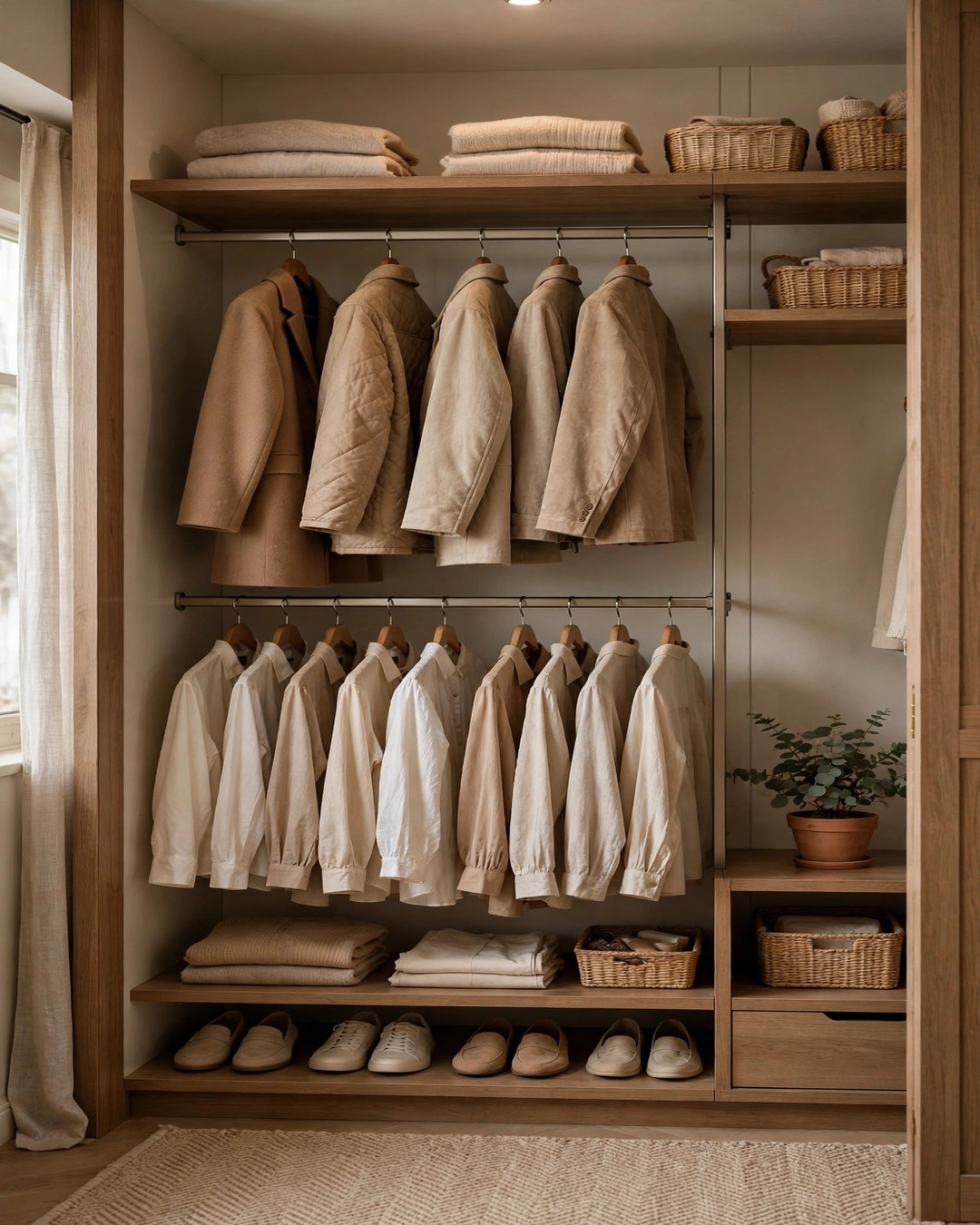 Double hanging rod closet system with jackets above and shirts below on matching hangers