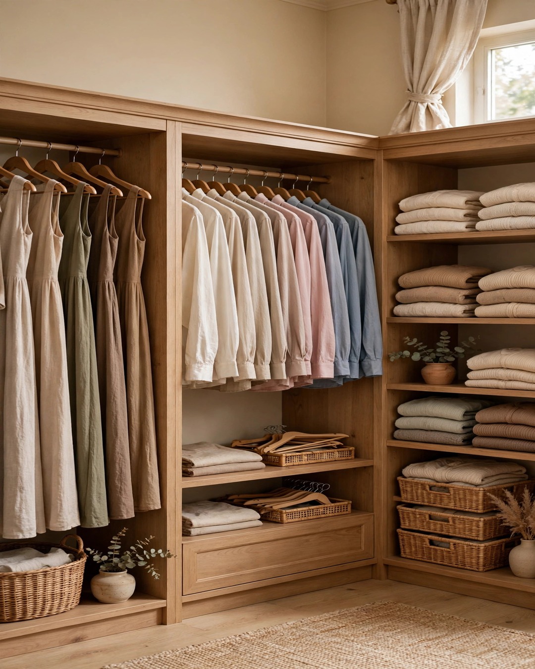 Walk-in closet divided into zones with long dresses, color-coordinated shirts and folded knits