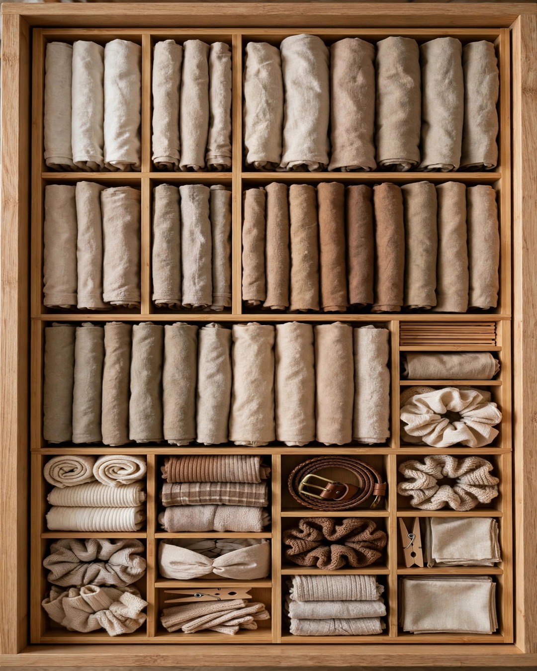 Open closet drawer with bamboo dividers holding file-folded clothes standing upright in rows