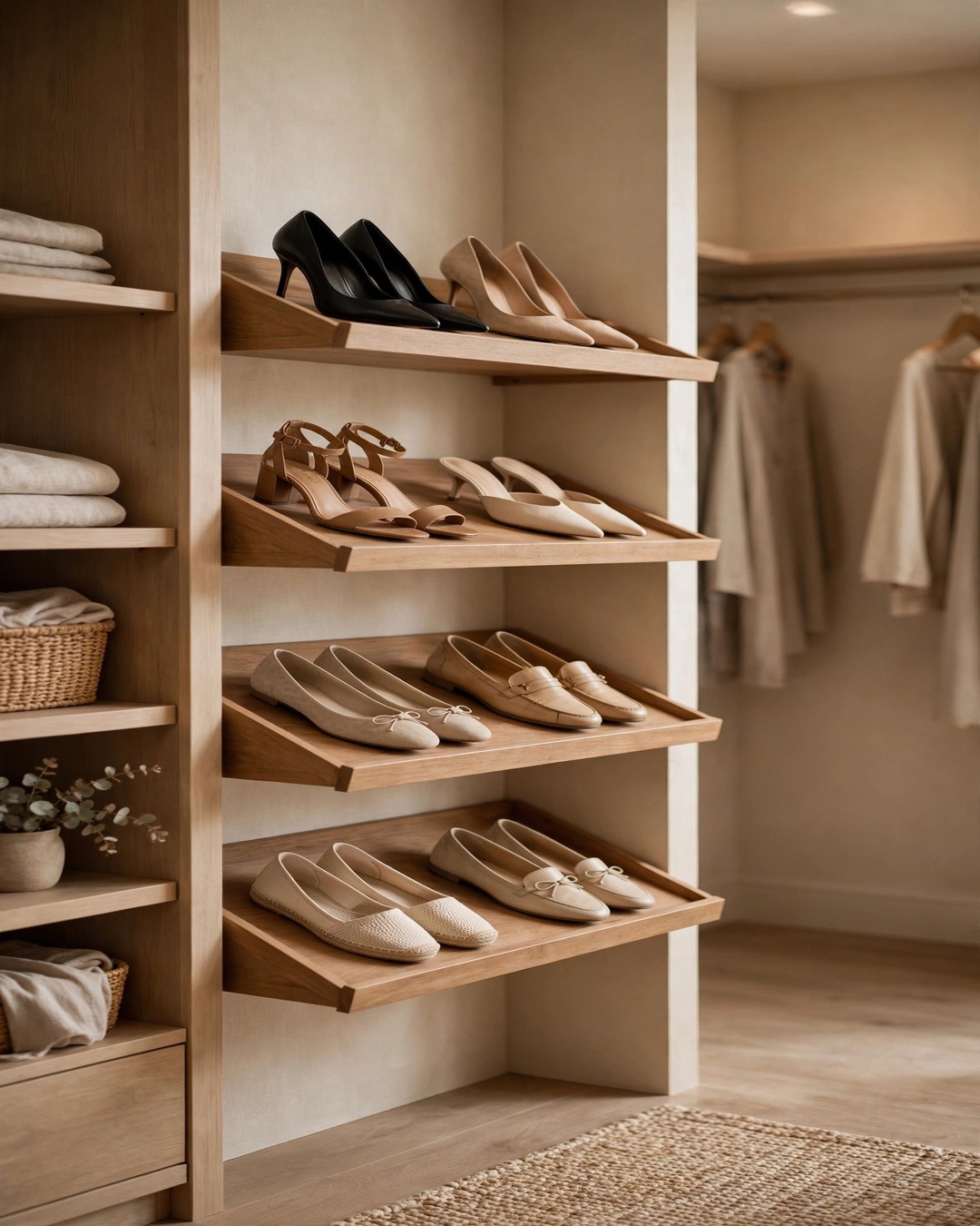 Walk in closet organization ideas: Boutique-style slanted shoe shelves displaying heels and flats in pairs inside a walk-in closet