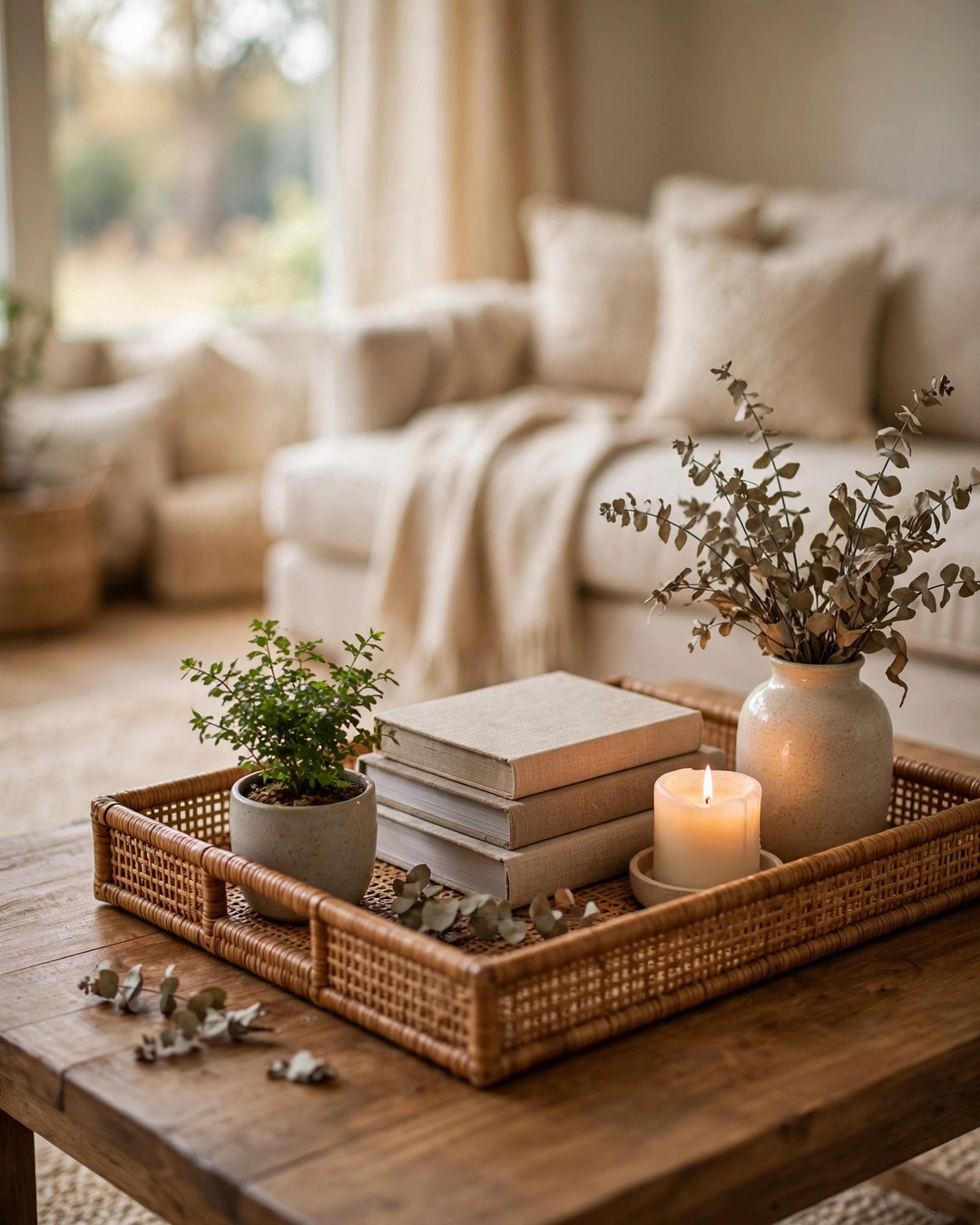 Coffee table styling ideas: styled wooden coffee table with rattan tray, books, candle, and plant in a warm living room