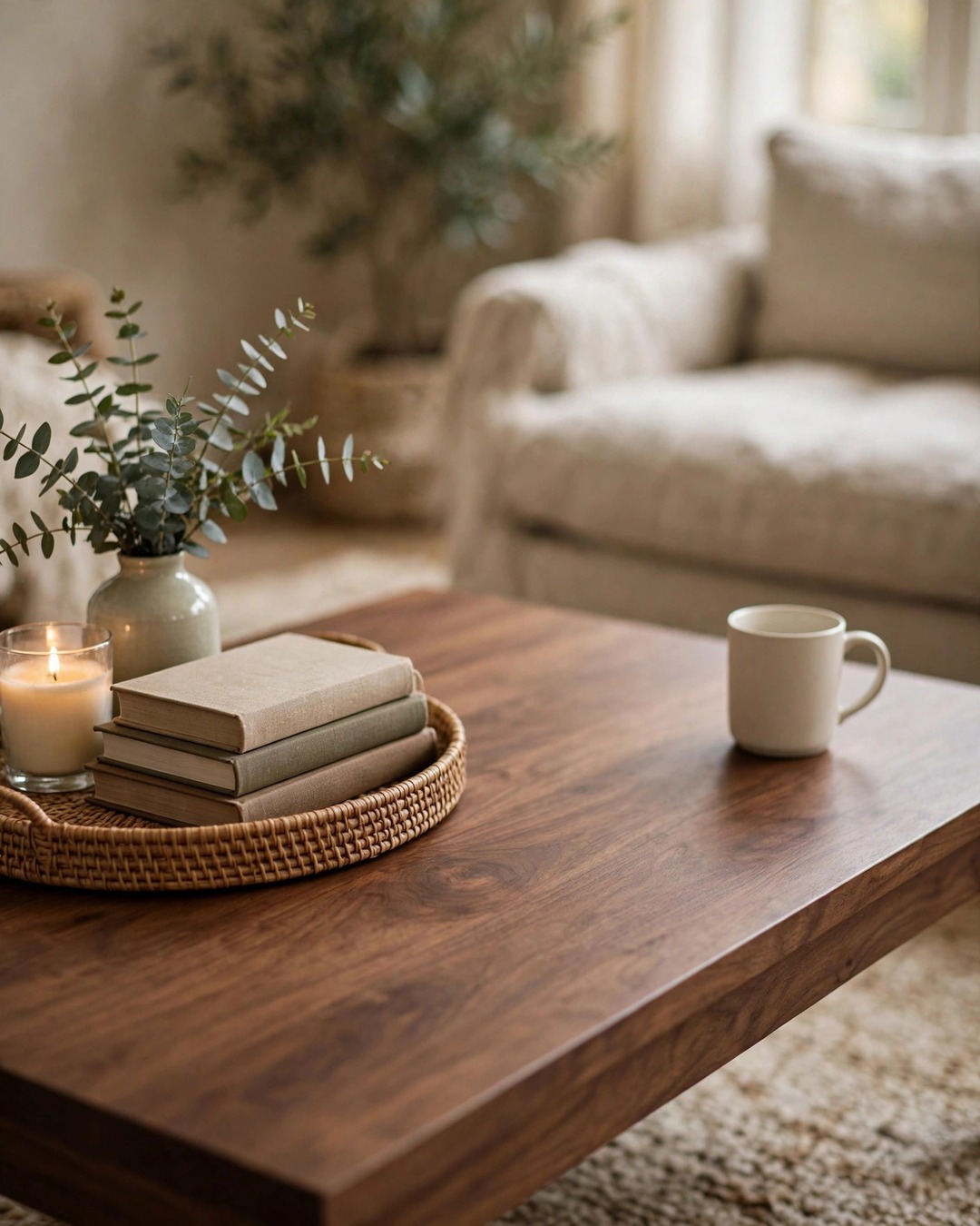 Coffee table styling ideas: half-styled rectangular table with tray cluster and open space