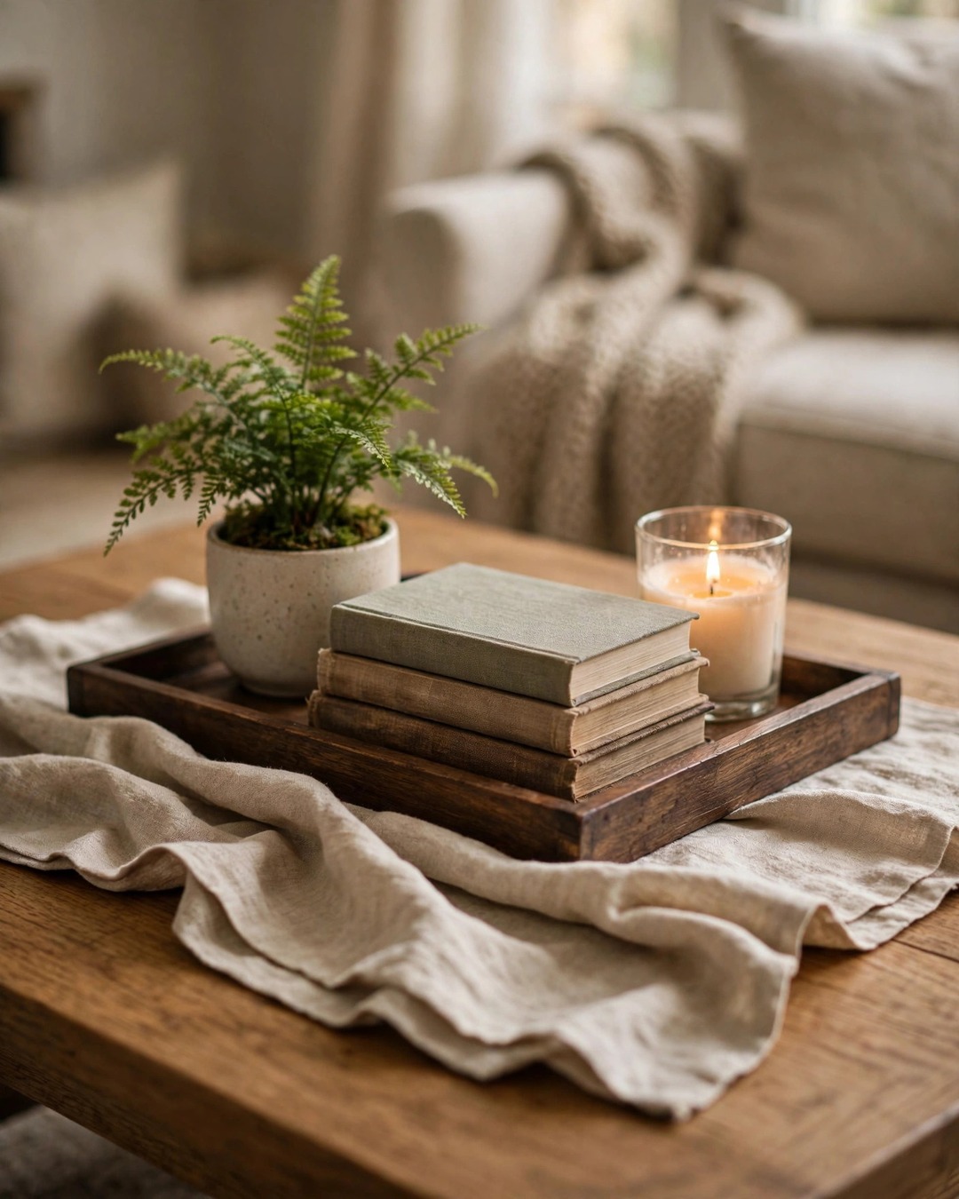 Coffee table styling ideas: folded linen runner layered under tray with books, candle, and fern