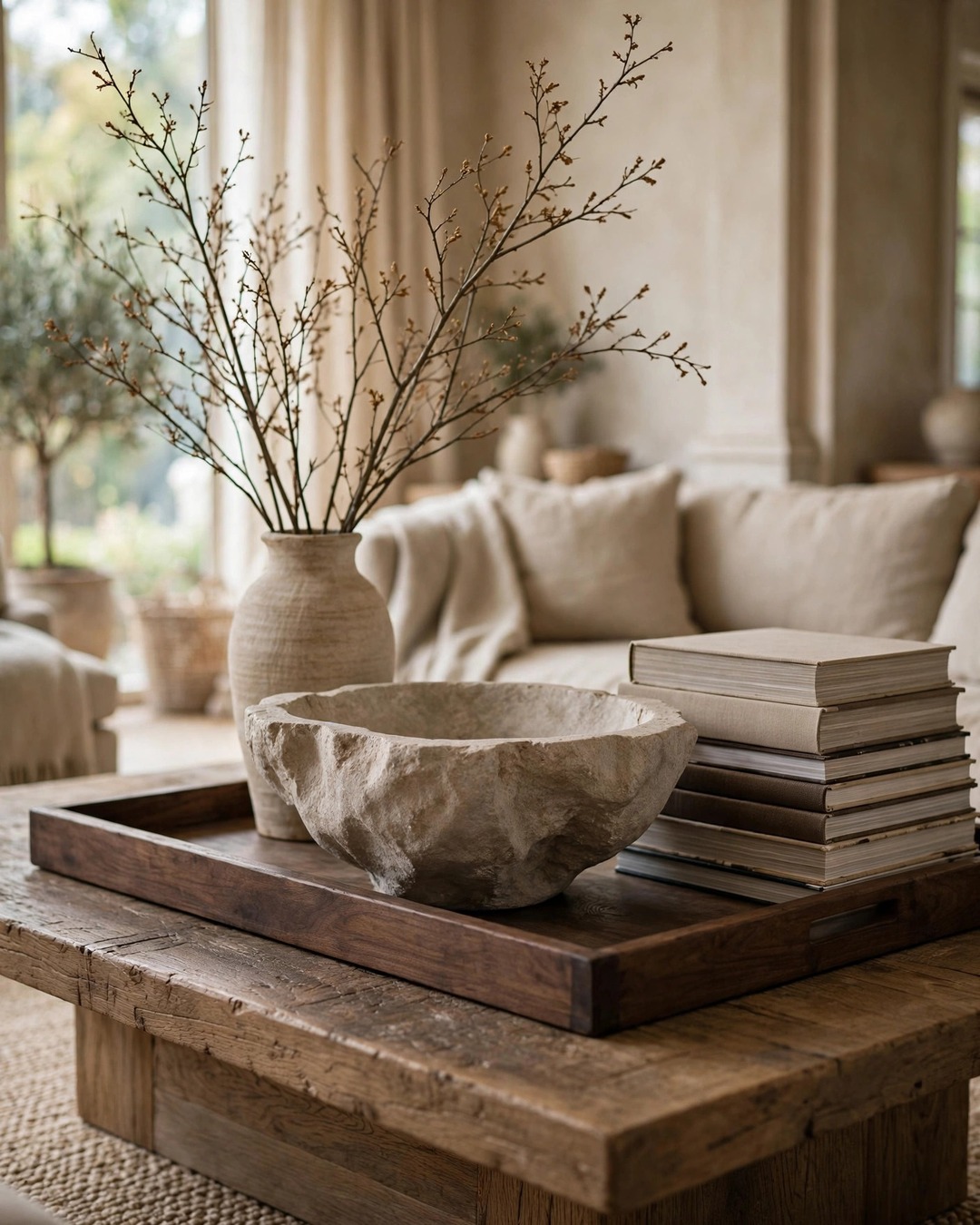 Coffee table styling ideas: oversized tray with stone bowl, tall branches, and big art books
