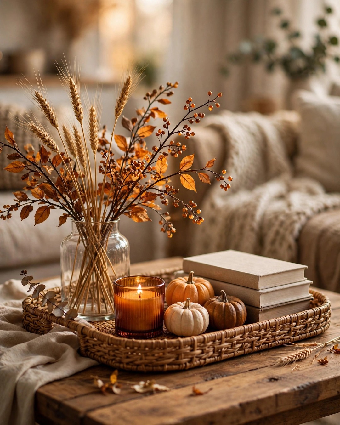 Coffee table styling ideas: fall vignette with wheat stems, amber candle, and mini pumpkins