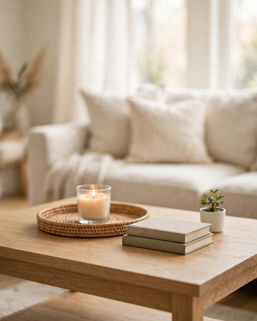 Coffee table styling ideas: freshly tidied coffee table with simple tray, books, and small plant