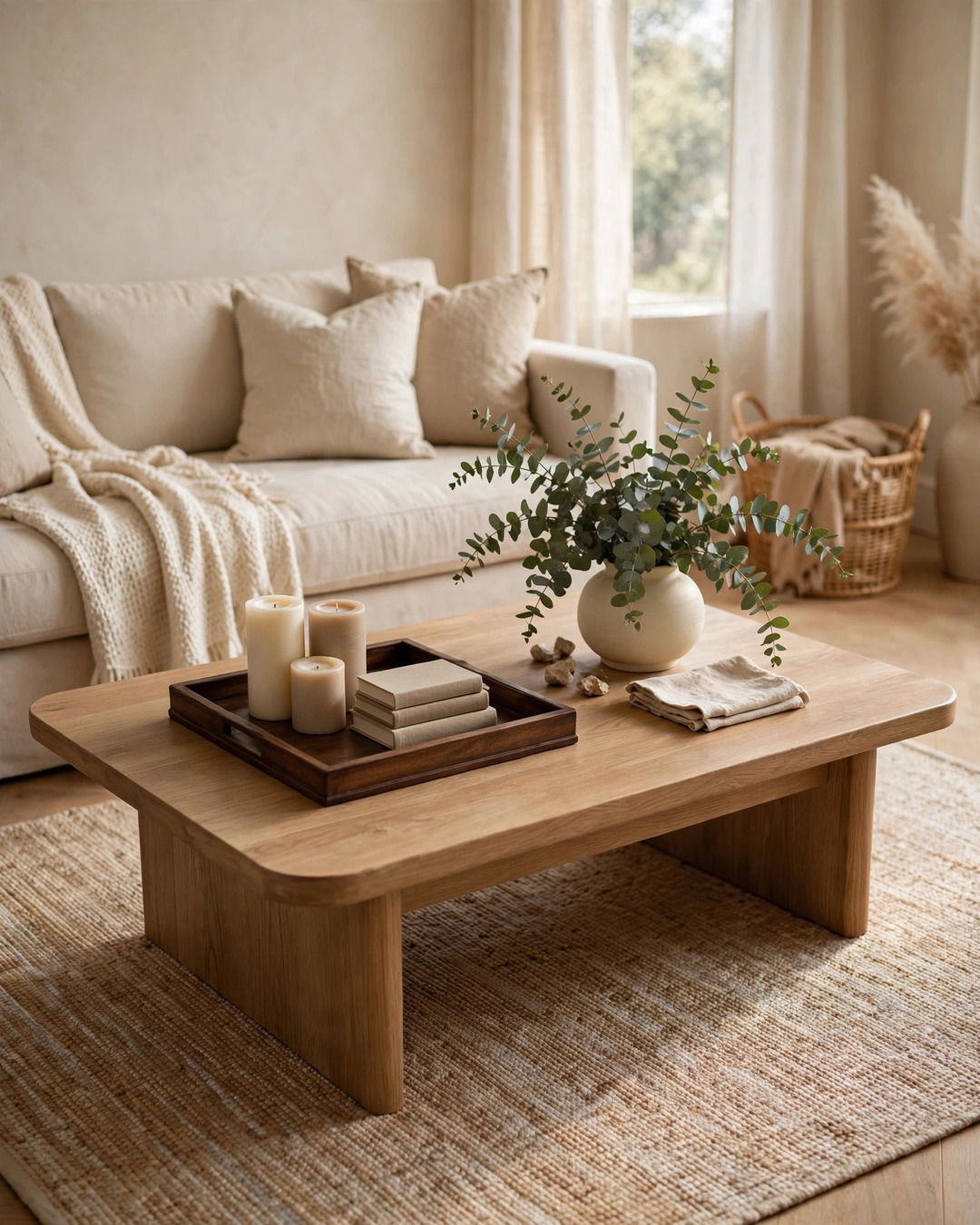 Coffee table styling ideas: balanced medium table with tray cluster and eucalyptus vase