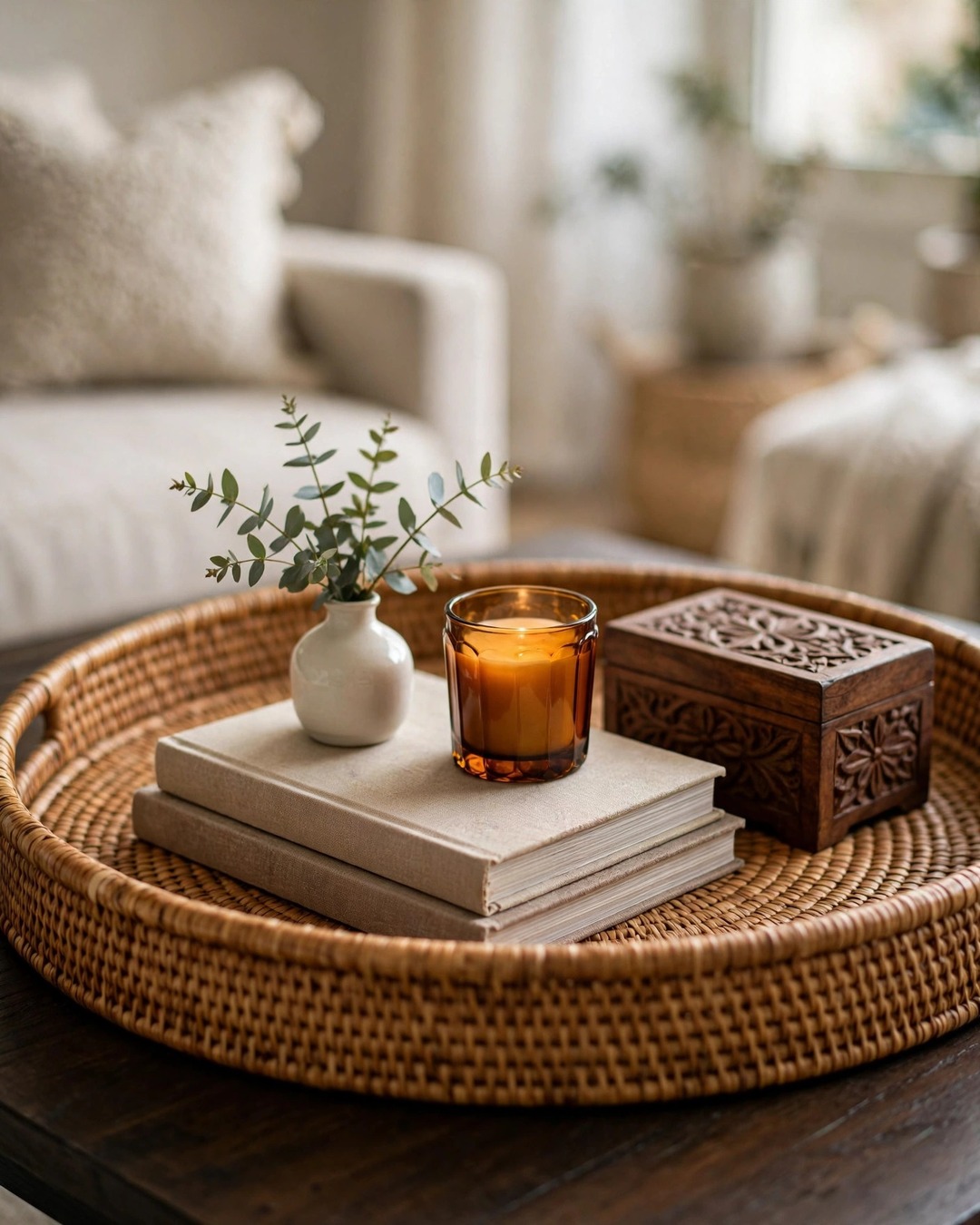 Coffee table styling ideas: woven rattan tray with books, amber candle, eucalyptus, and carved box on dark wood
