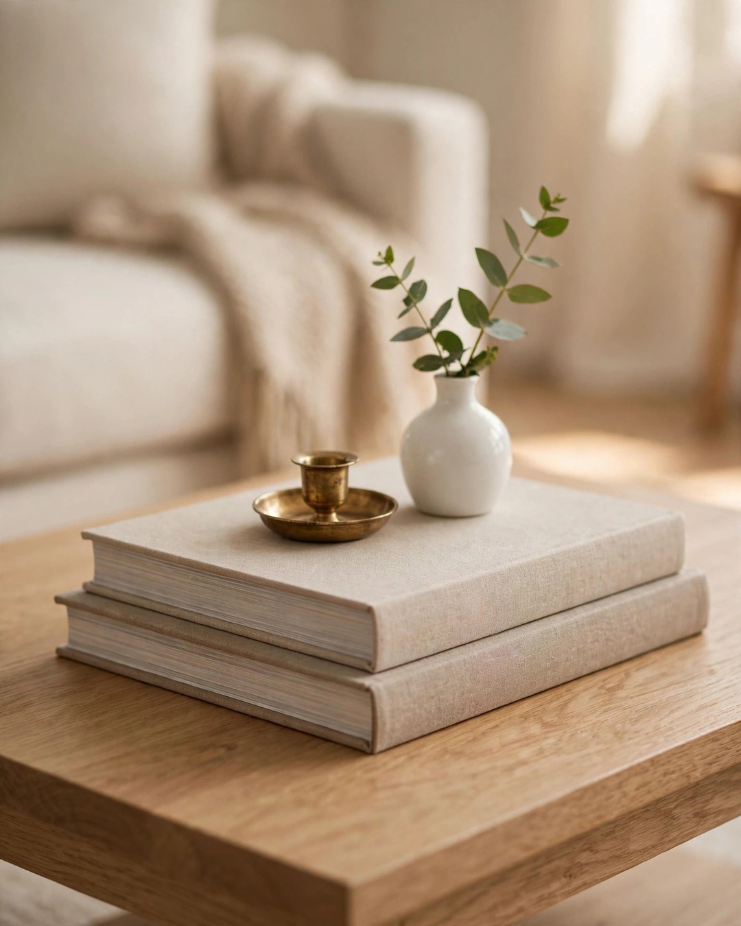 Coffee table styling ideas: stack of two large books with brass candle and bud vase on light oak table