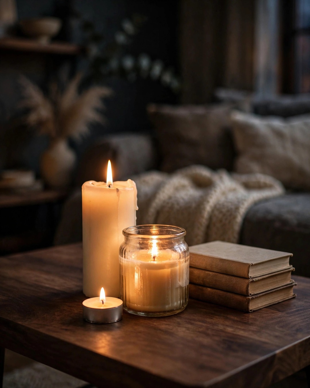 Coffee table styling ideas: cluster of three lit candles in different heights beside book stack