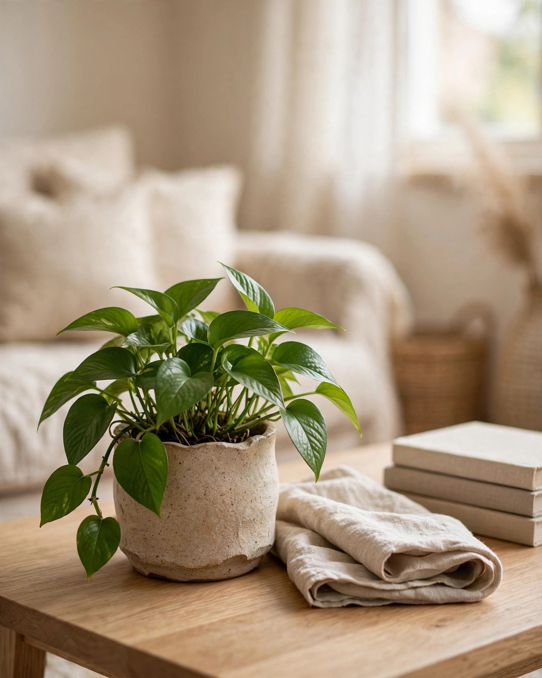 Coffee table styling ideas: small green pothos plant in ceramic pot next to linen cloth and books