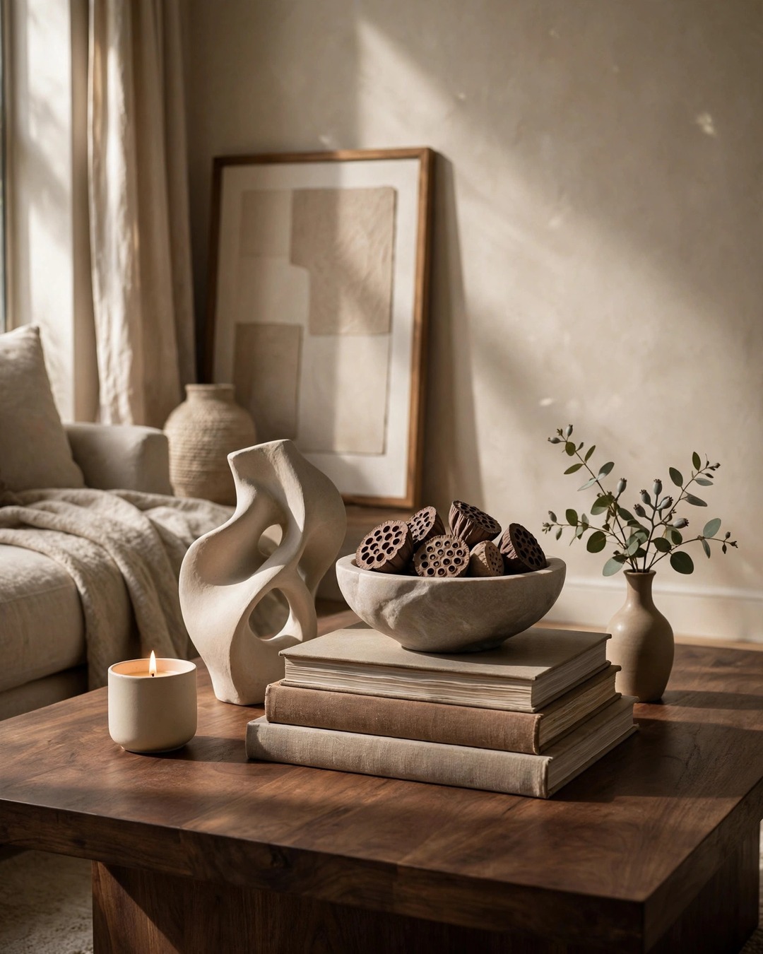 Coffee table styling ideas: sculptural stone bowl with dried pods as hero piece on art books