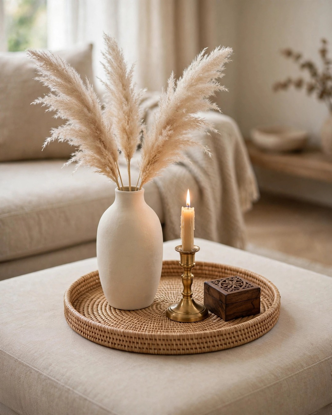 Coffee table styling ideas: rule-of-three grouping with tall vase, brass candle, and wooden box