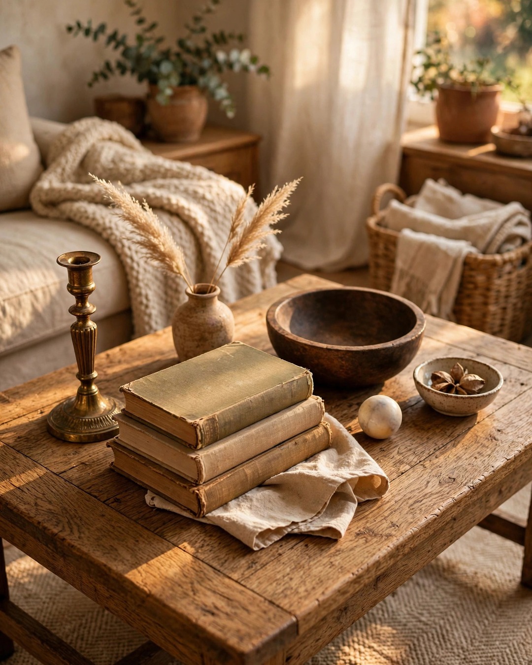 Coffee table styling ideas: thrifted brass candlestick, wood bowl, and marble sphere on rustic oak table
