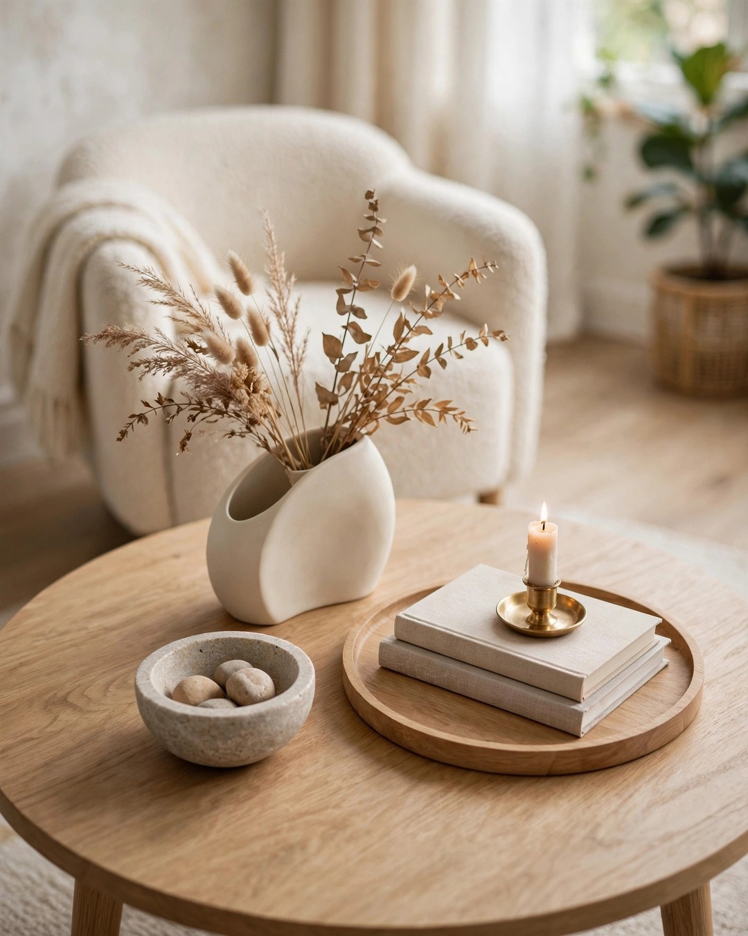 Coffee table styling ideas: round coffee table styled in triangle with curved vase, tray, and stone bowl
