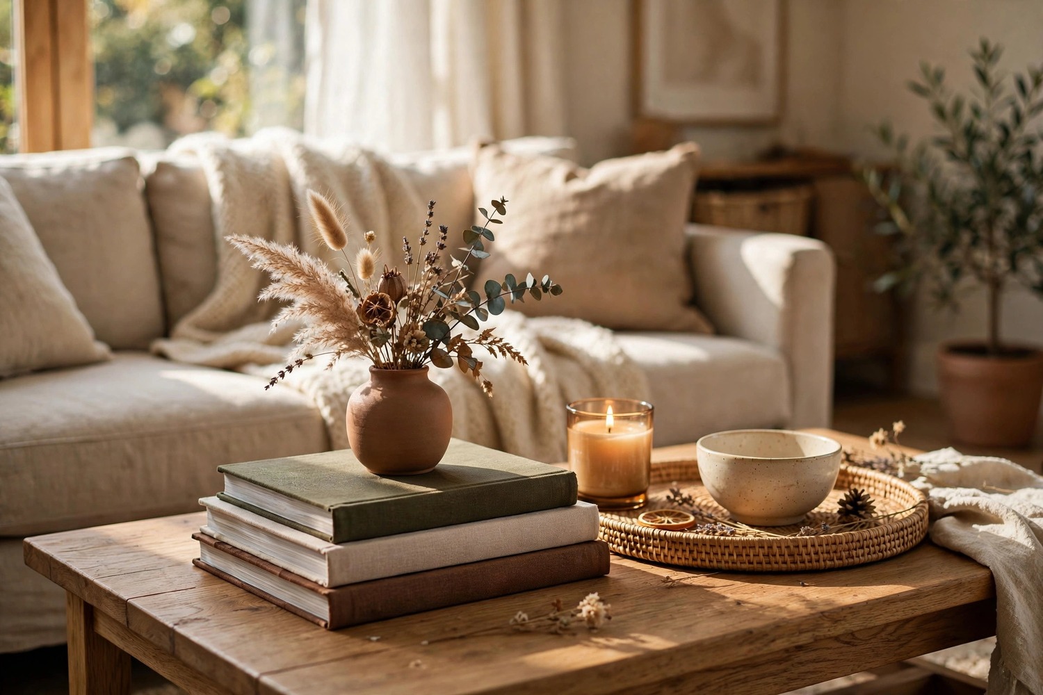 Styled coffee table with stacked books, dried flower vase, lit candle and woven tray