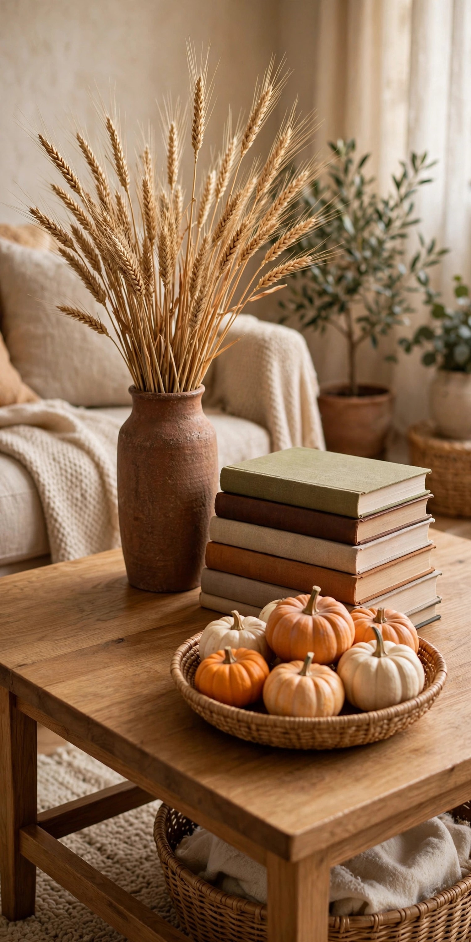 Coffee table styled with the decorating triangle of wheat vase books and pumpkin bowl