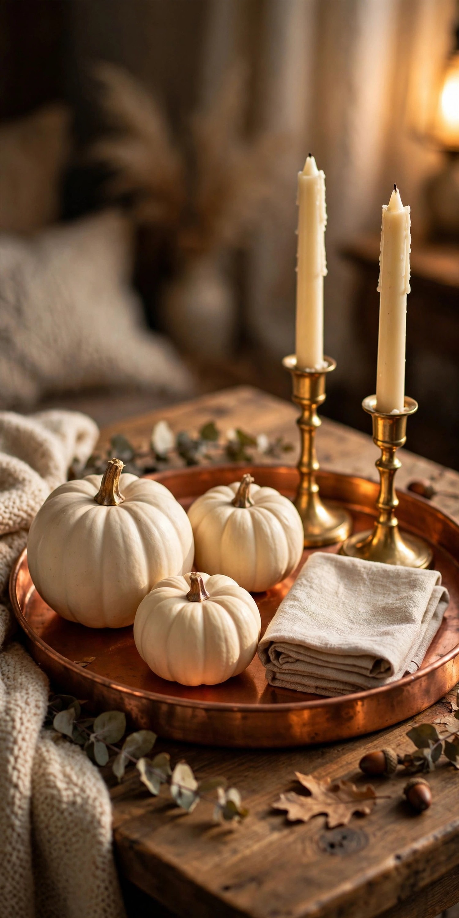 Copper tray with brass candlesticks and matte pumpkins on coffee table