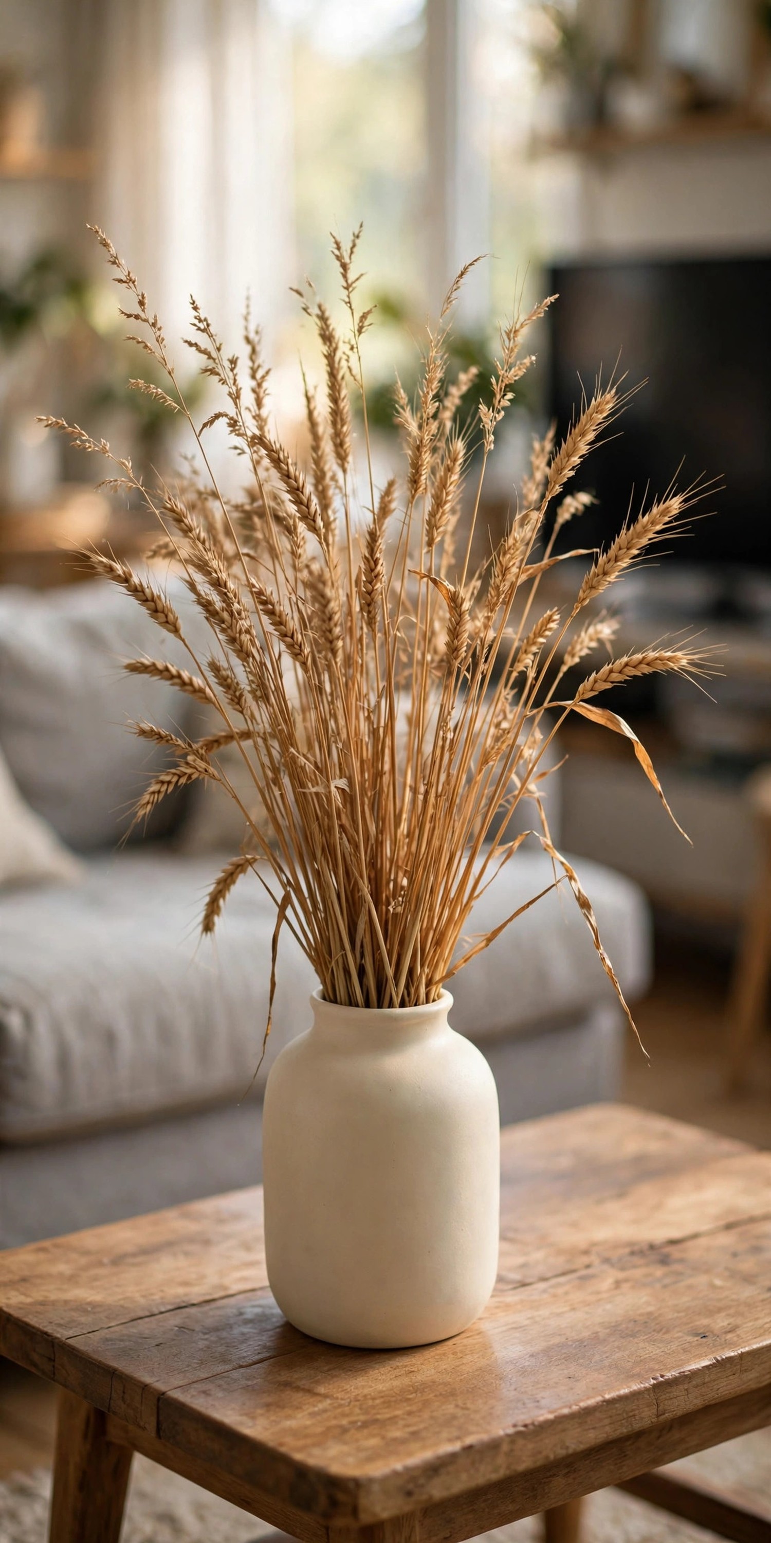Dried wheat in a cream ceramic vase on a coffee table