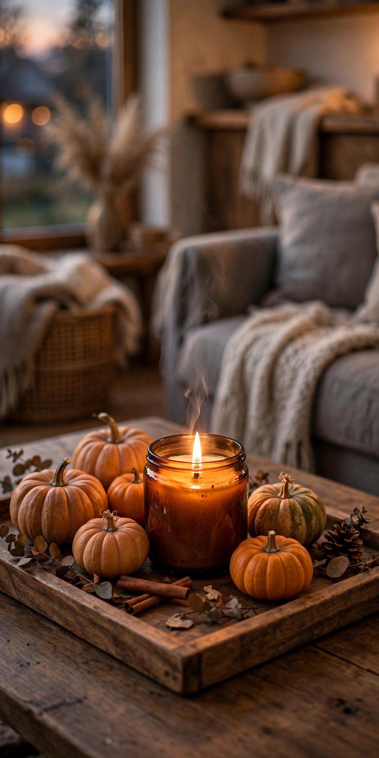Lit cinnamon candle in amber glass on a fall coffee table