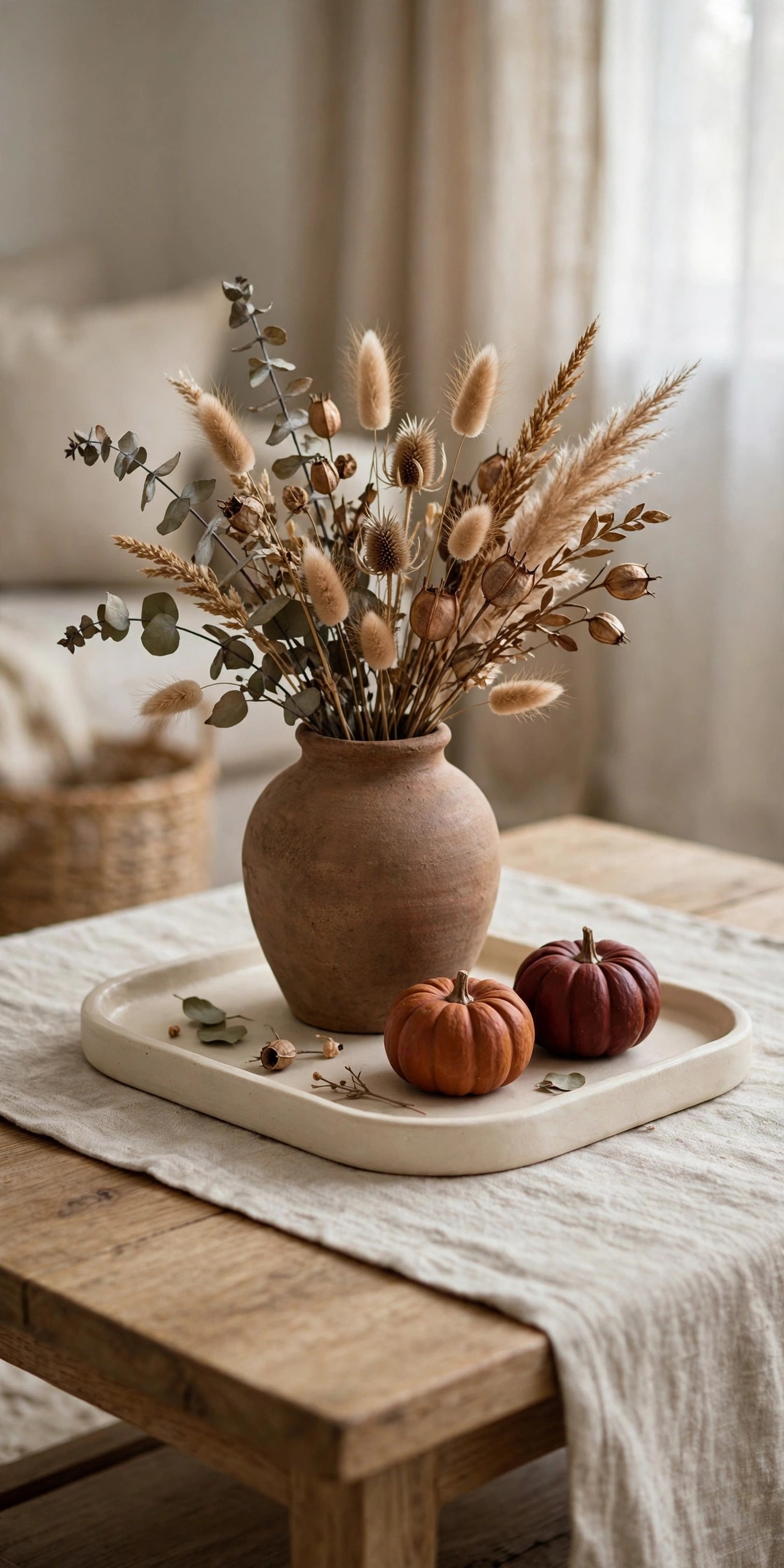 Neutral oatmeal runner with cream tray and rust pumpkin accents