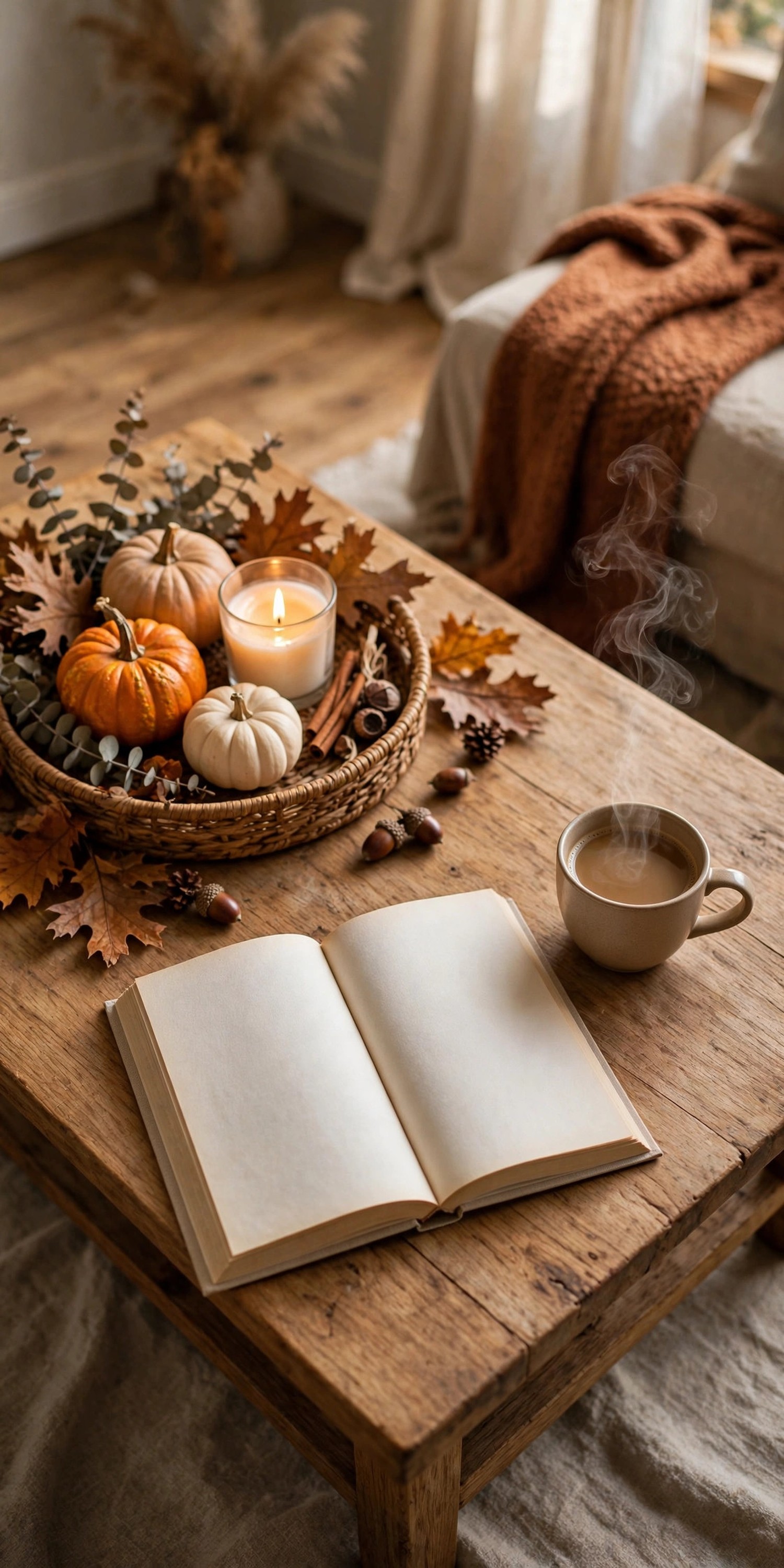 Coffee table with styled fall vignette and open space for daily use