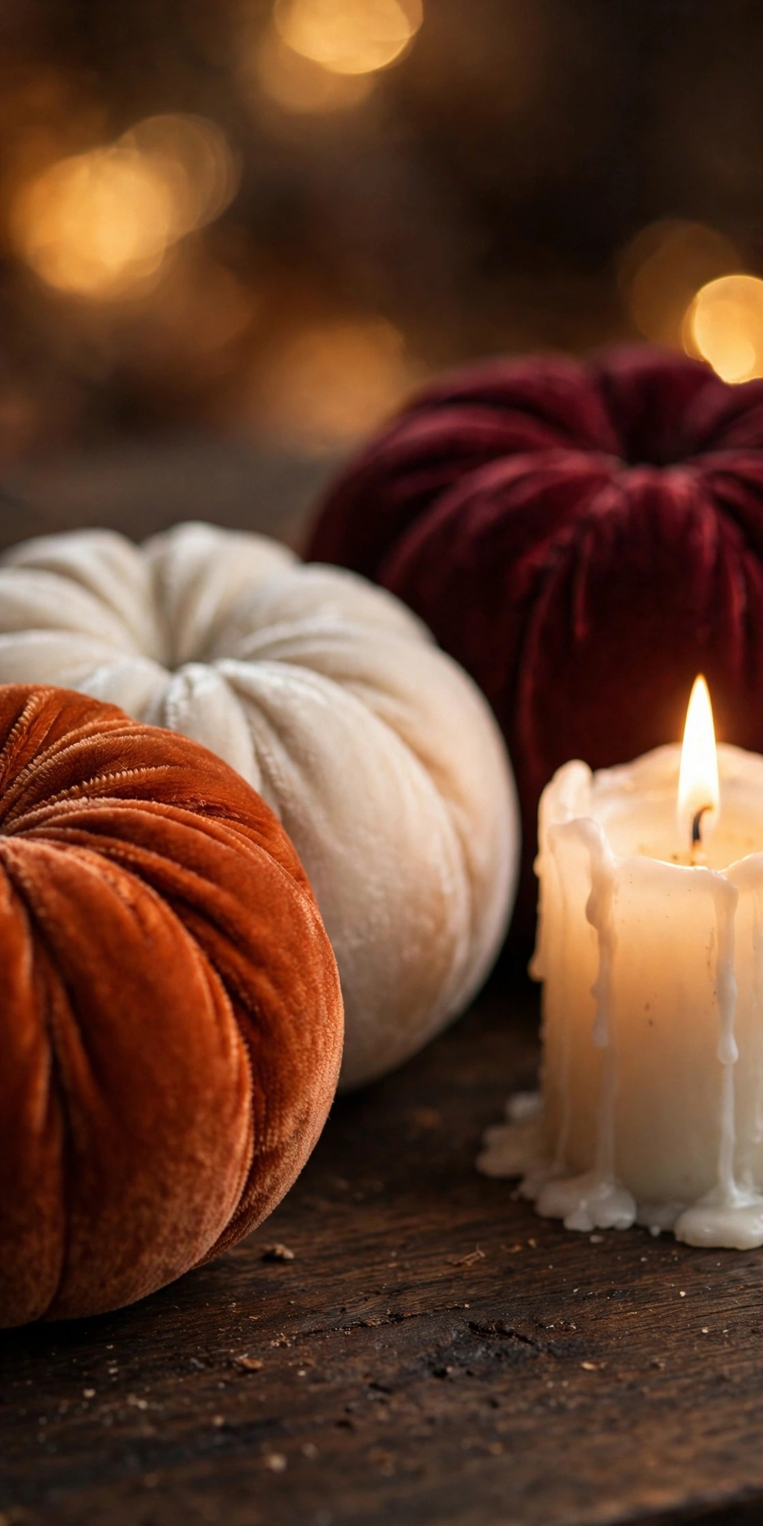 Close-up of velvet pumpkins and glowing candle on dark wood