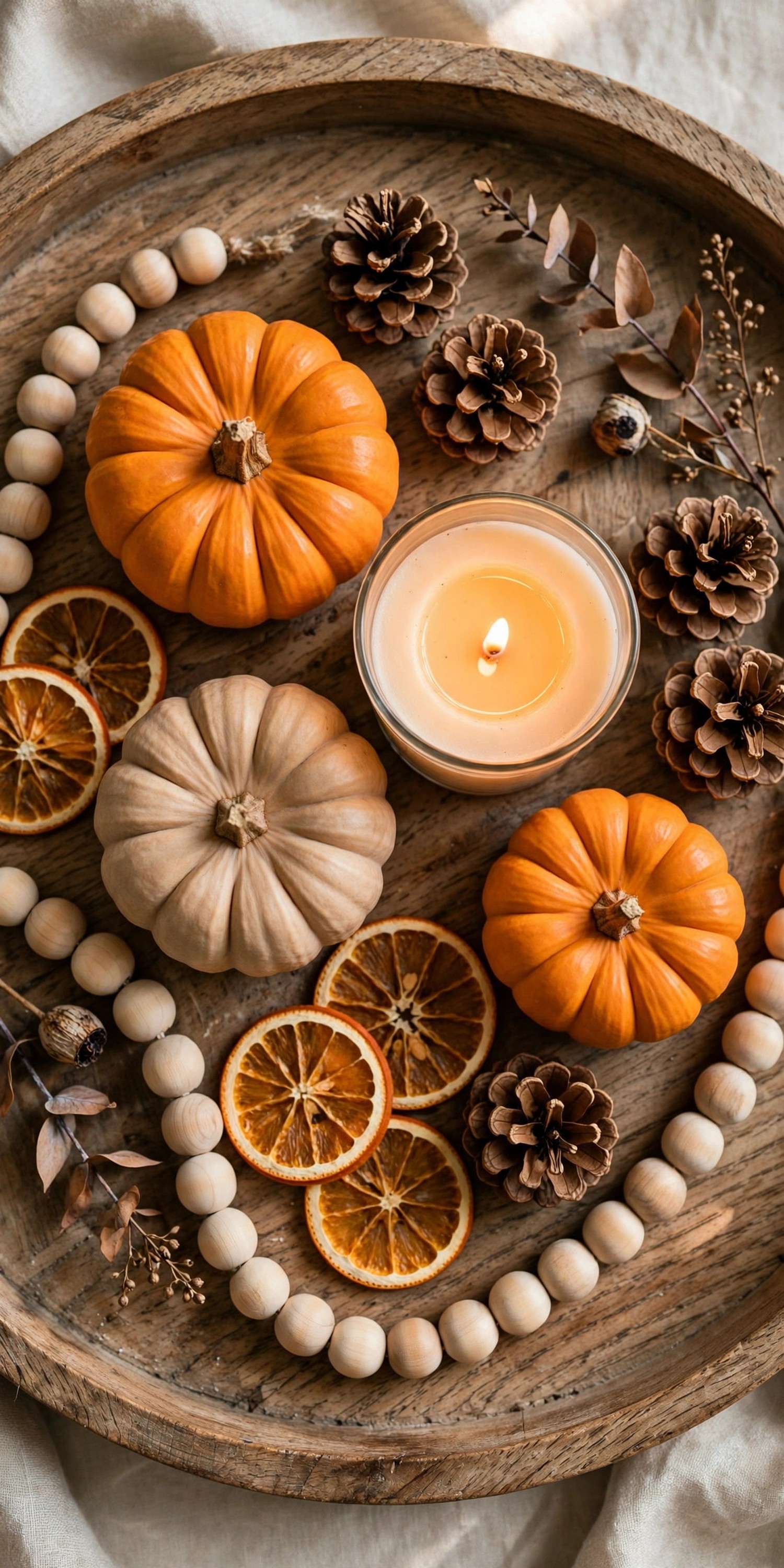 Top-down flat lay of a styled fall tray vignette