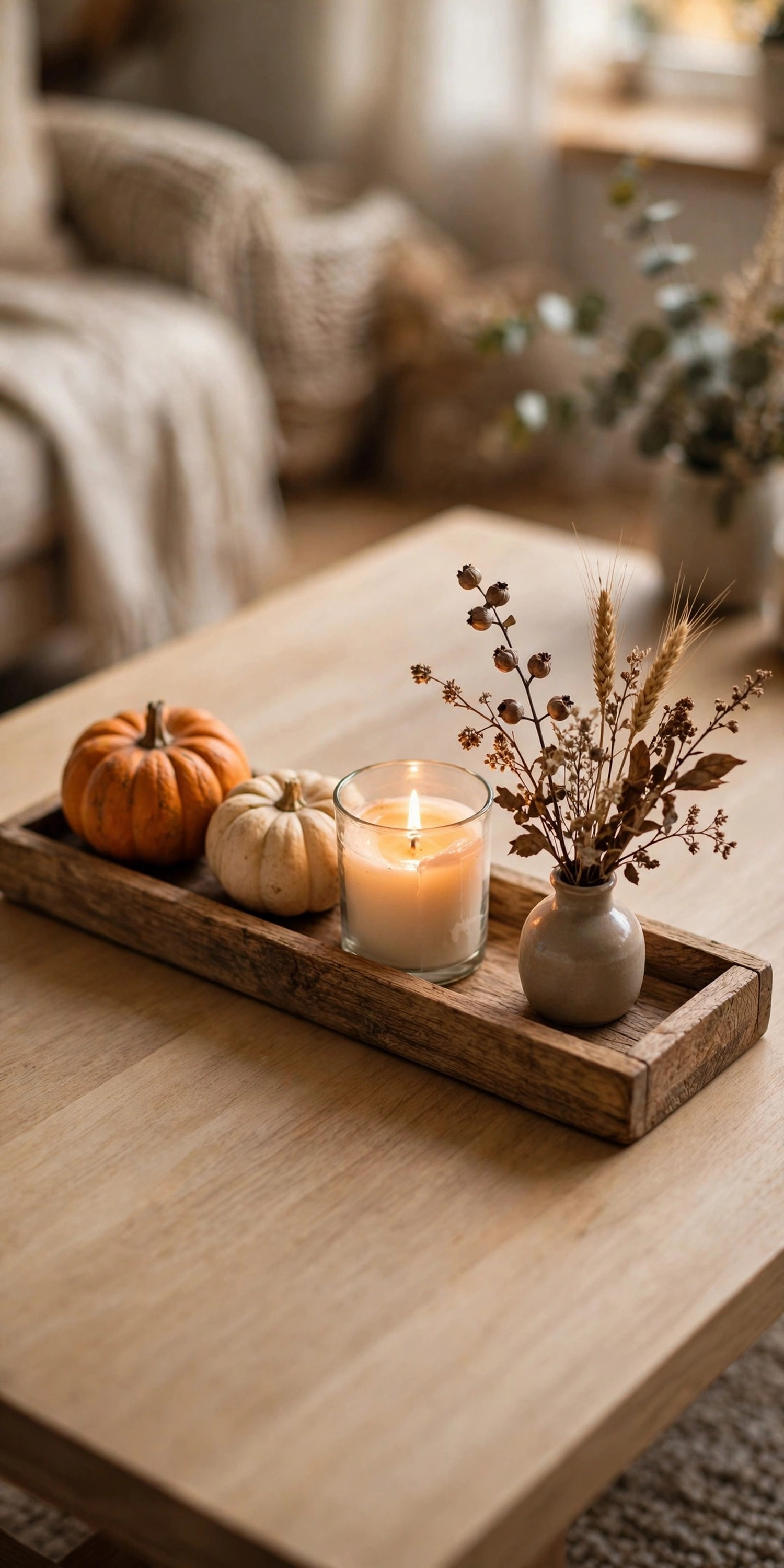 Wooden tray corralling a fall vignette on a coffee table