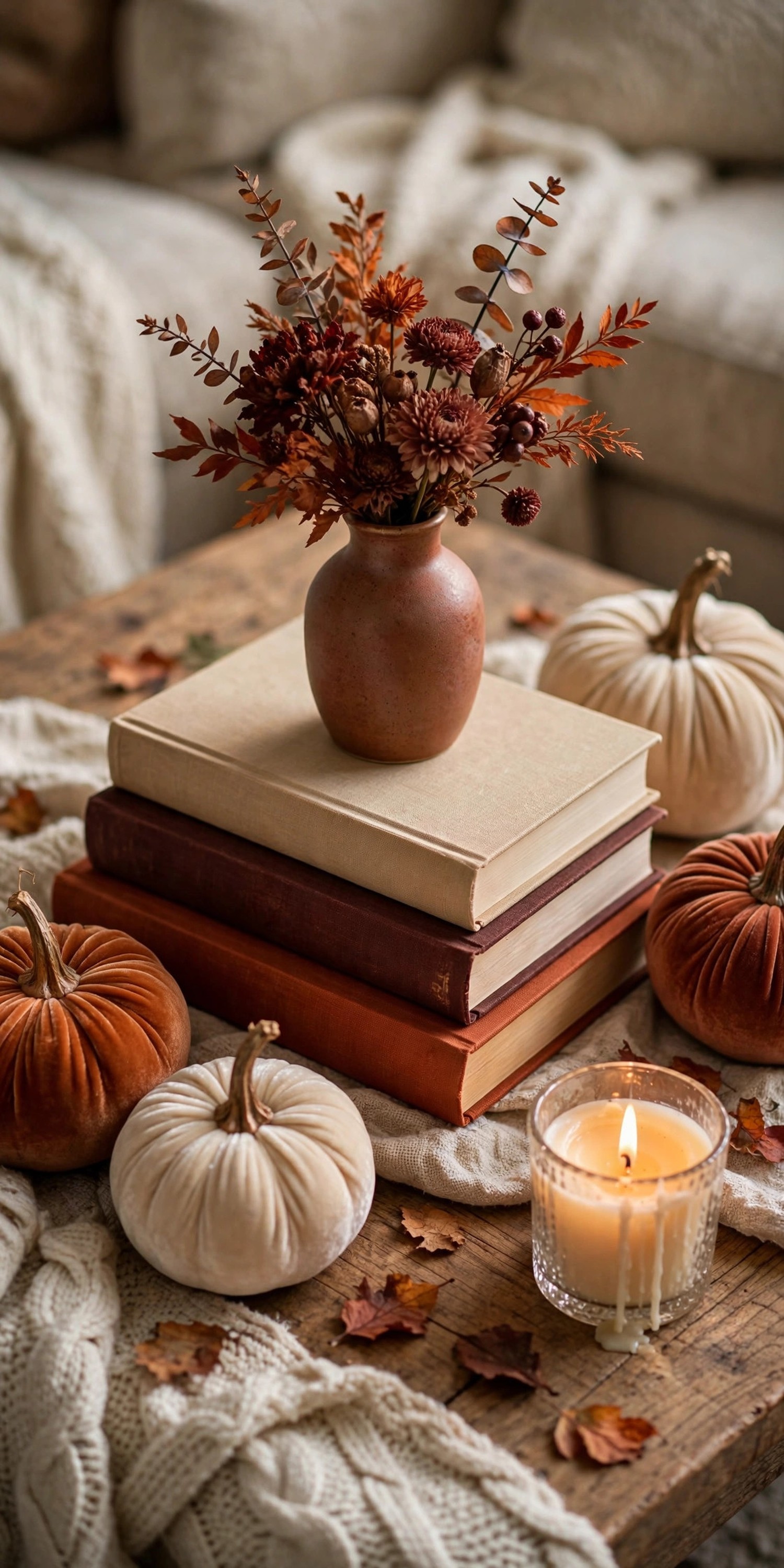 Stacked books with fall floral arrangement and velvet pumpkins on coffee table