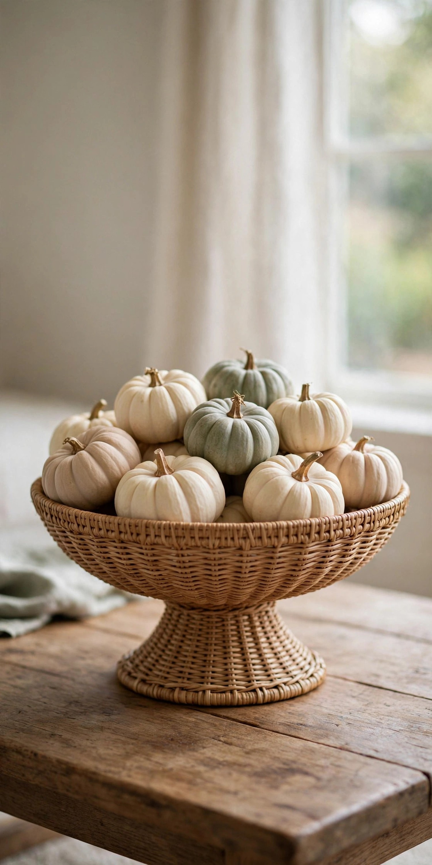 Woven bowl of mini pumpkins in muted cream and sage on coffee table