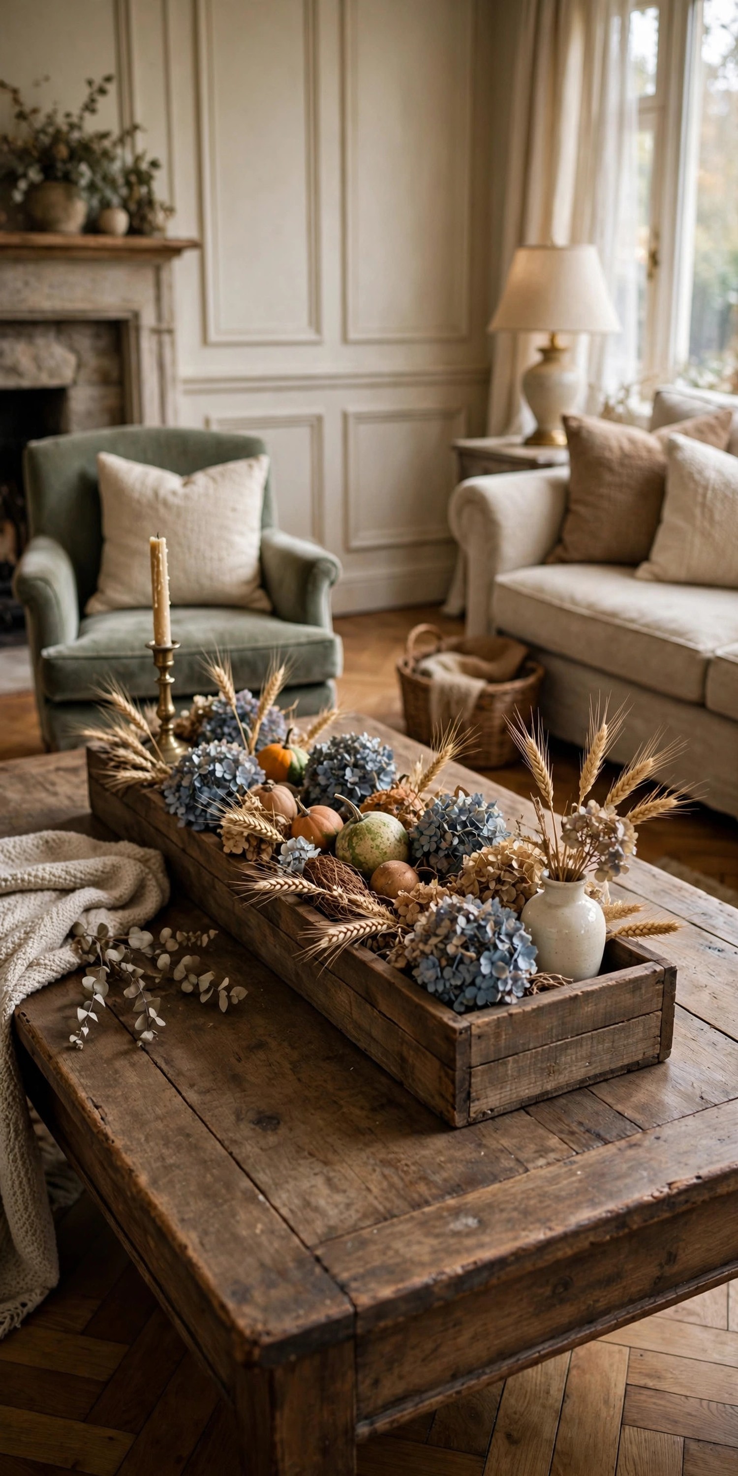 Long low autumn centerpiece on a rectangular coffee table