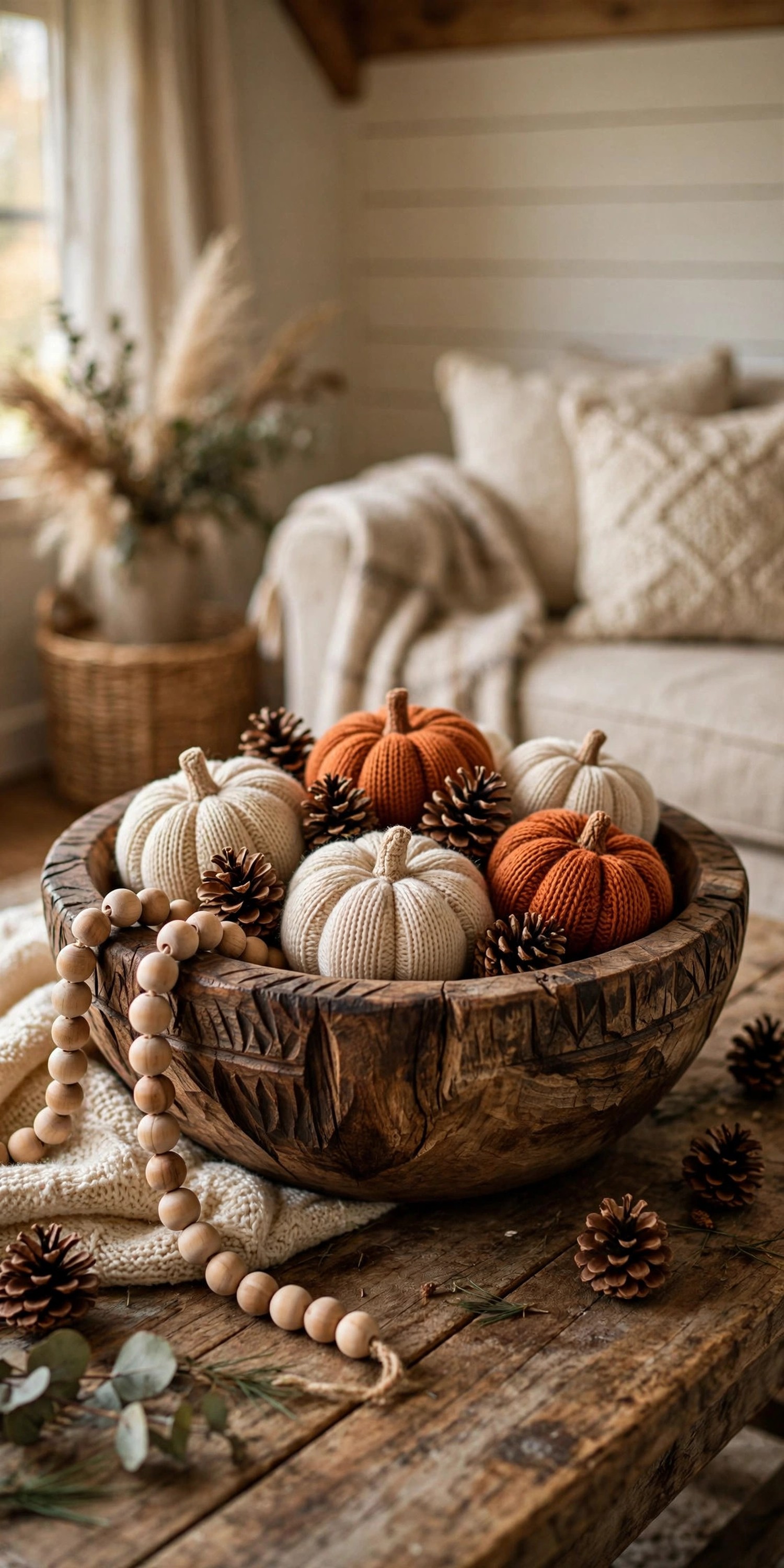 Wooden dough bowl with knit pumpkins pinecones and wood-bead garland
