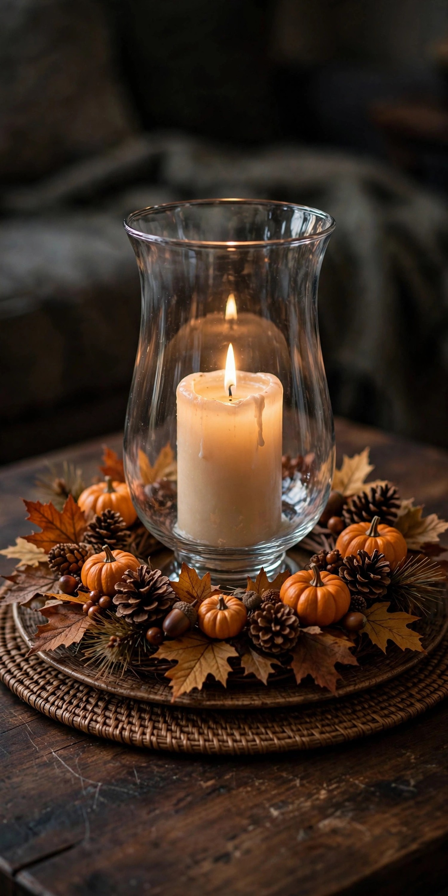 Glass hurricane candle in a woven ring of leaves pinecones and mini pumpkins