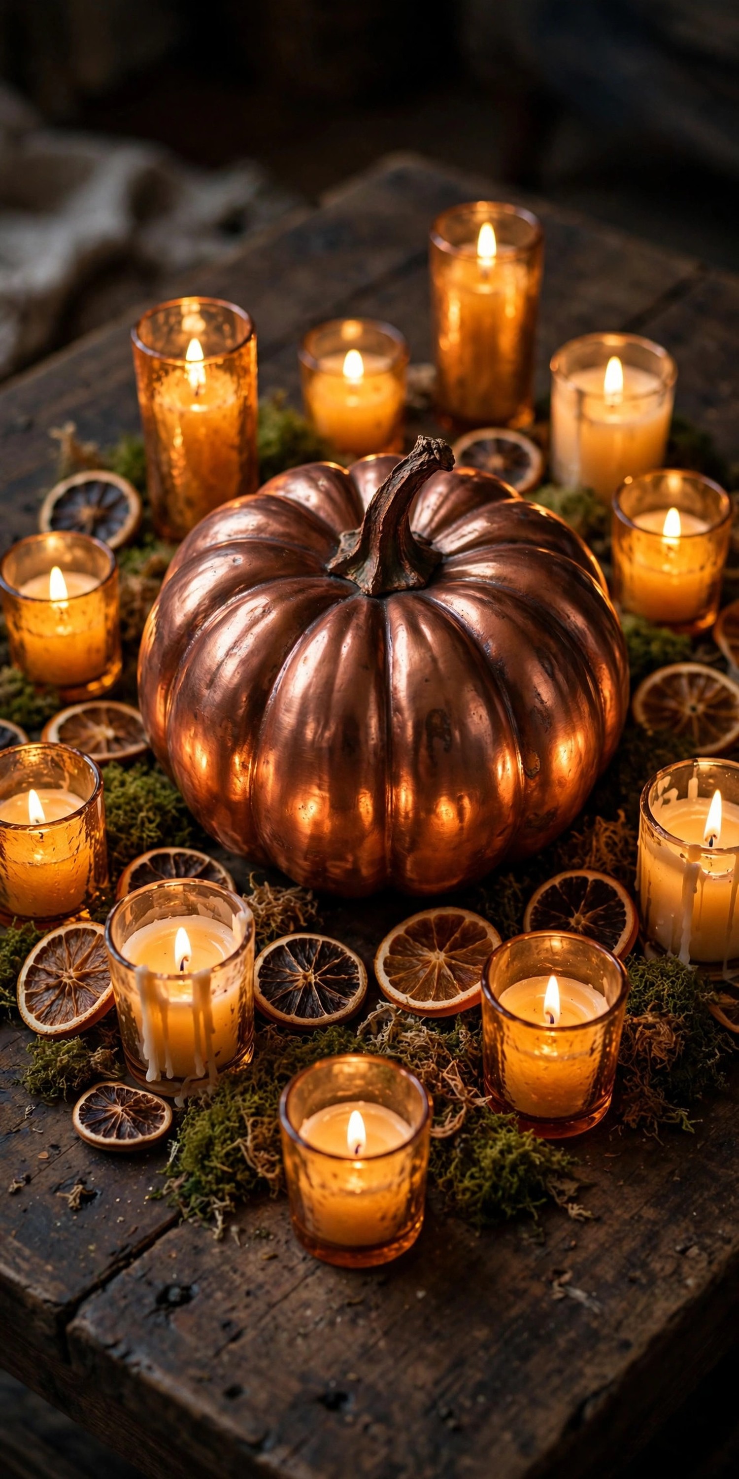 Metallic copper pumpkin circled by amber votives and dried orange slices