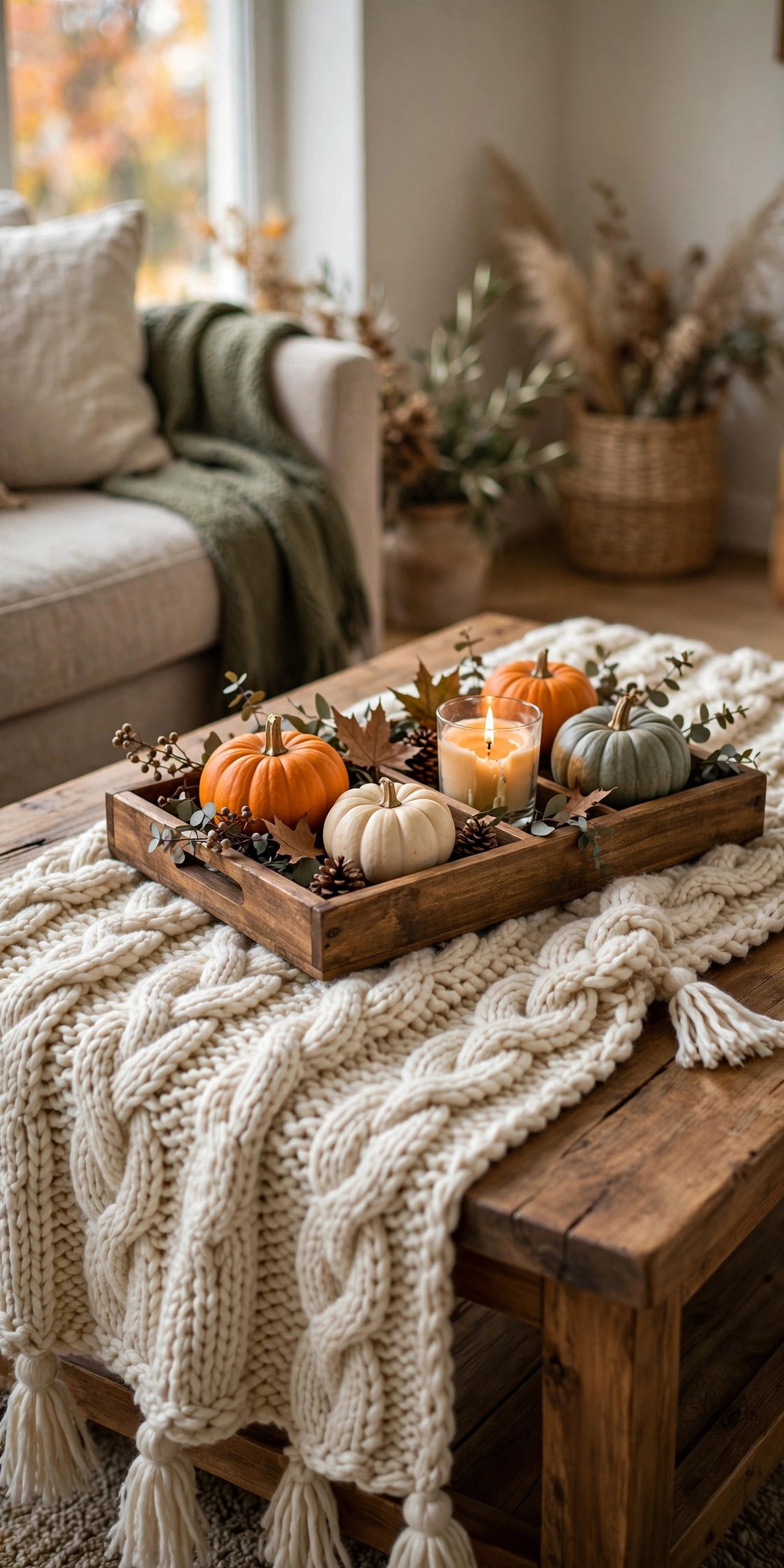 Chunky knit runner under a styled tray on a coffee table