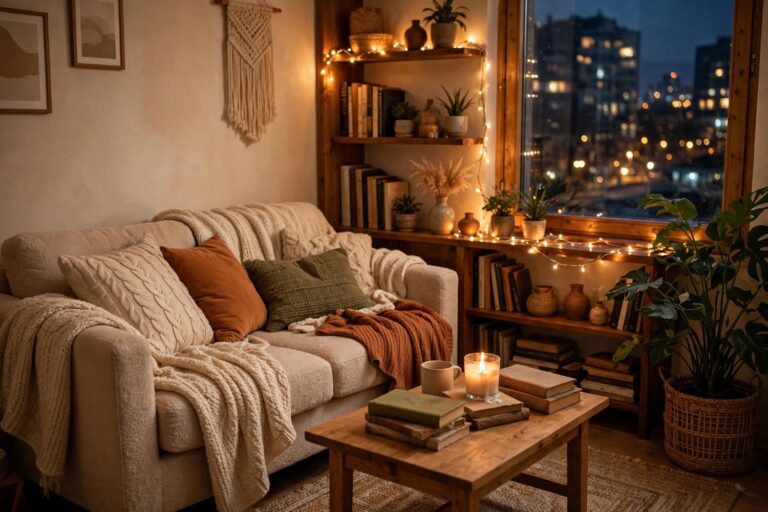 Cozy apartment living room glowing with fairy lights, books and plants at night