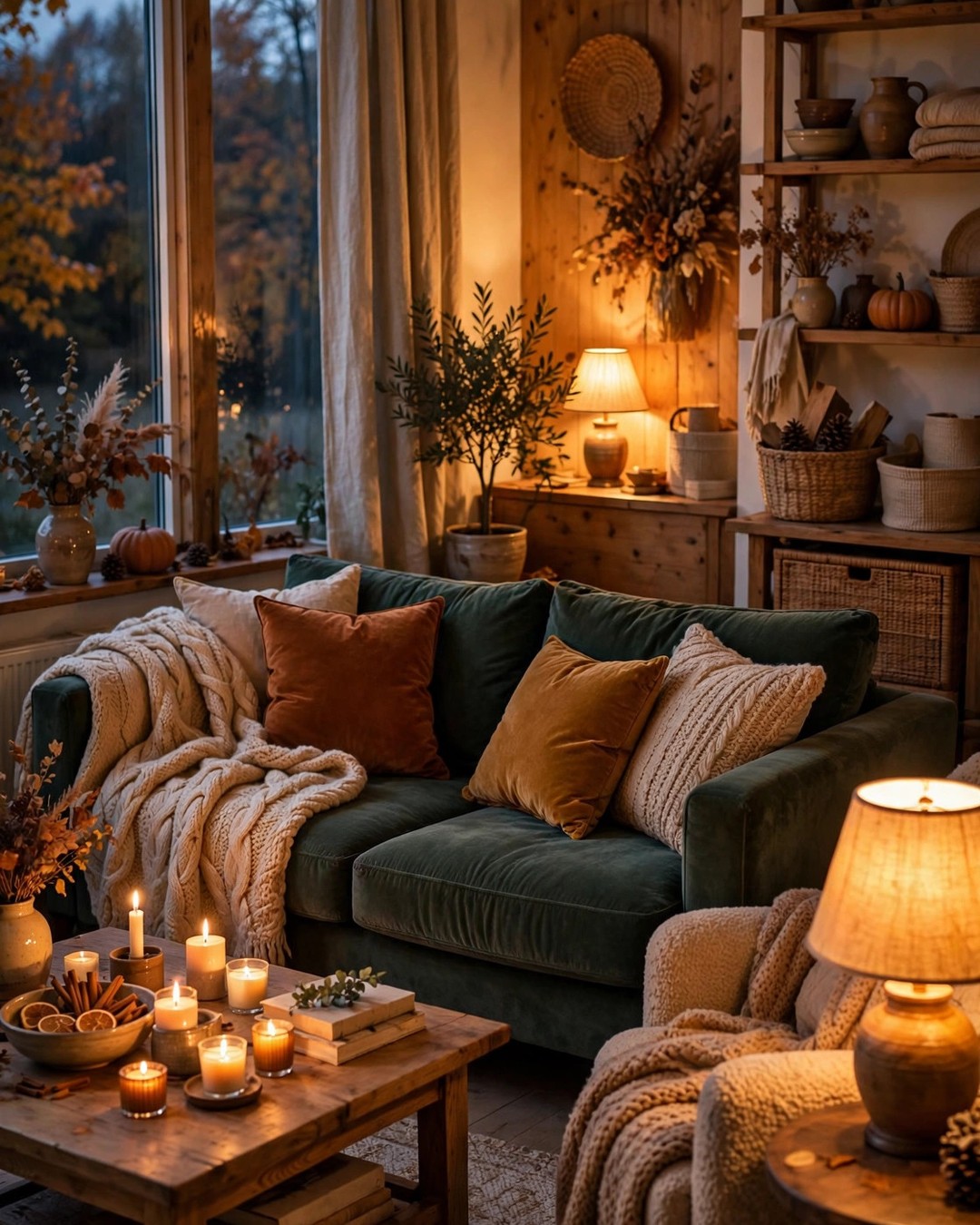Ultra-cozy living room at dusk with glowing lamps, knit throws, velvet cushions, and lit candles