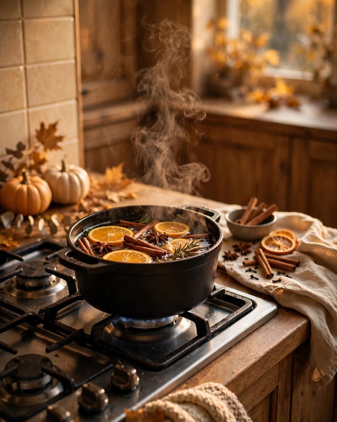 Fall simmer pot with orange slices and cinnamon steaming on a stove