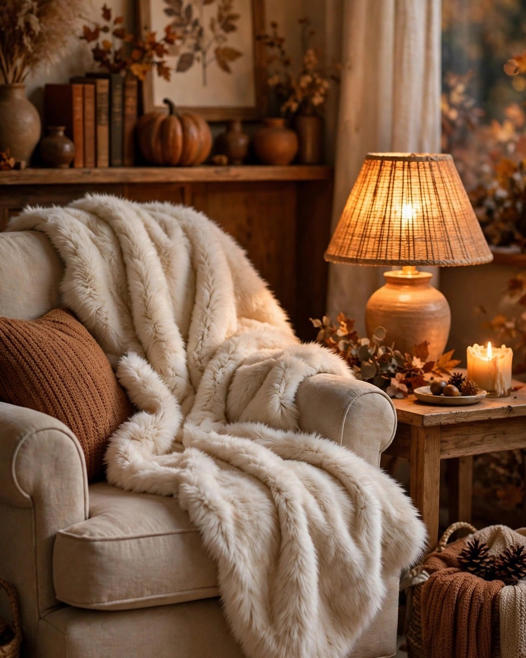 Faux fur throw draped over an armchair beside a glowing lamp
