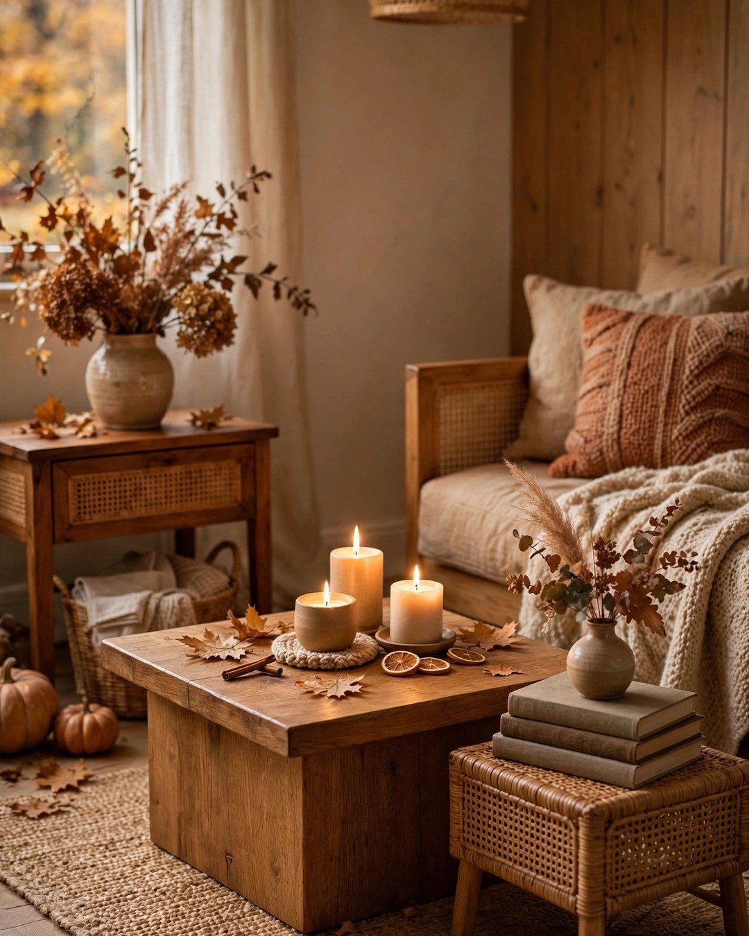 Warm wood tones in a living room with candlelight and woven details